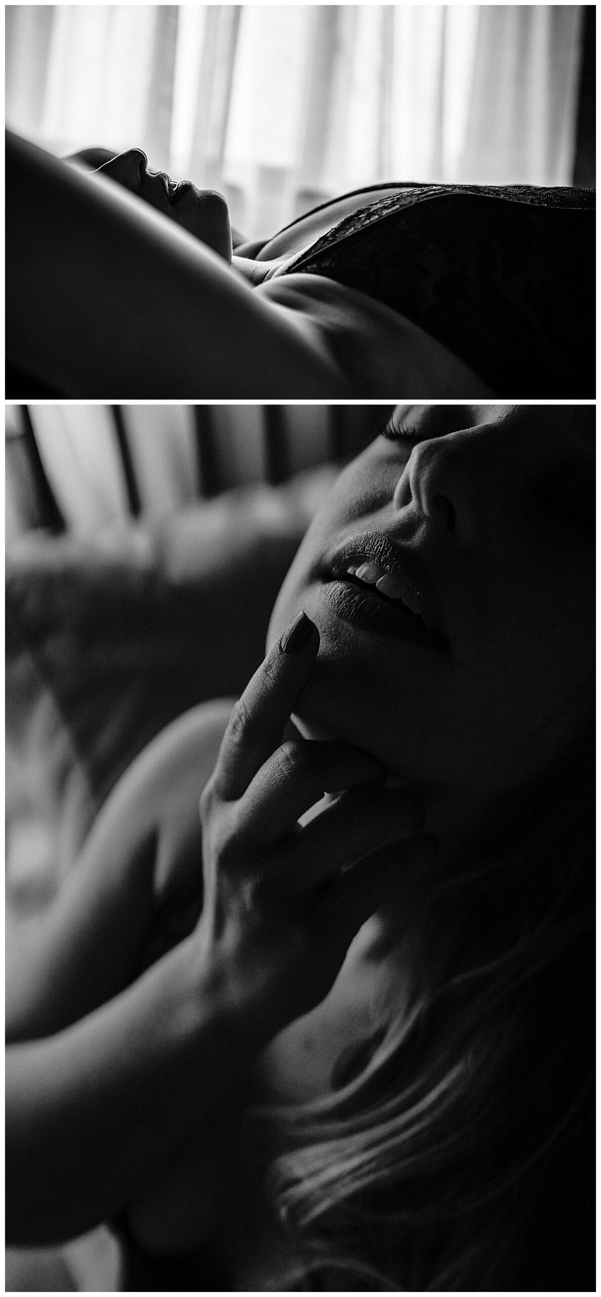 Woman lays down and puts finger just below lips for Sioux Falls Boudoir Photographer