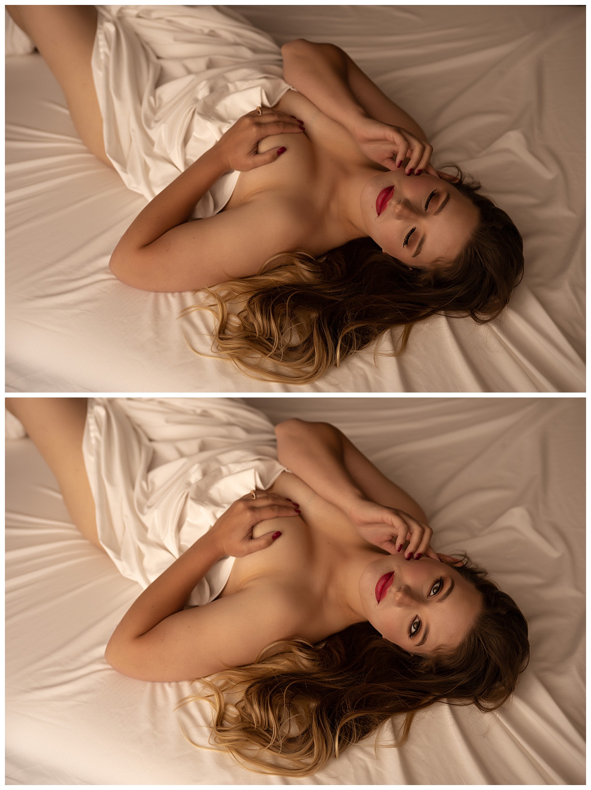 Lady covers body with white sheet for Emma Christine Photography