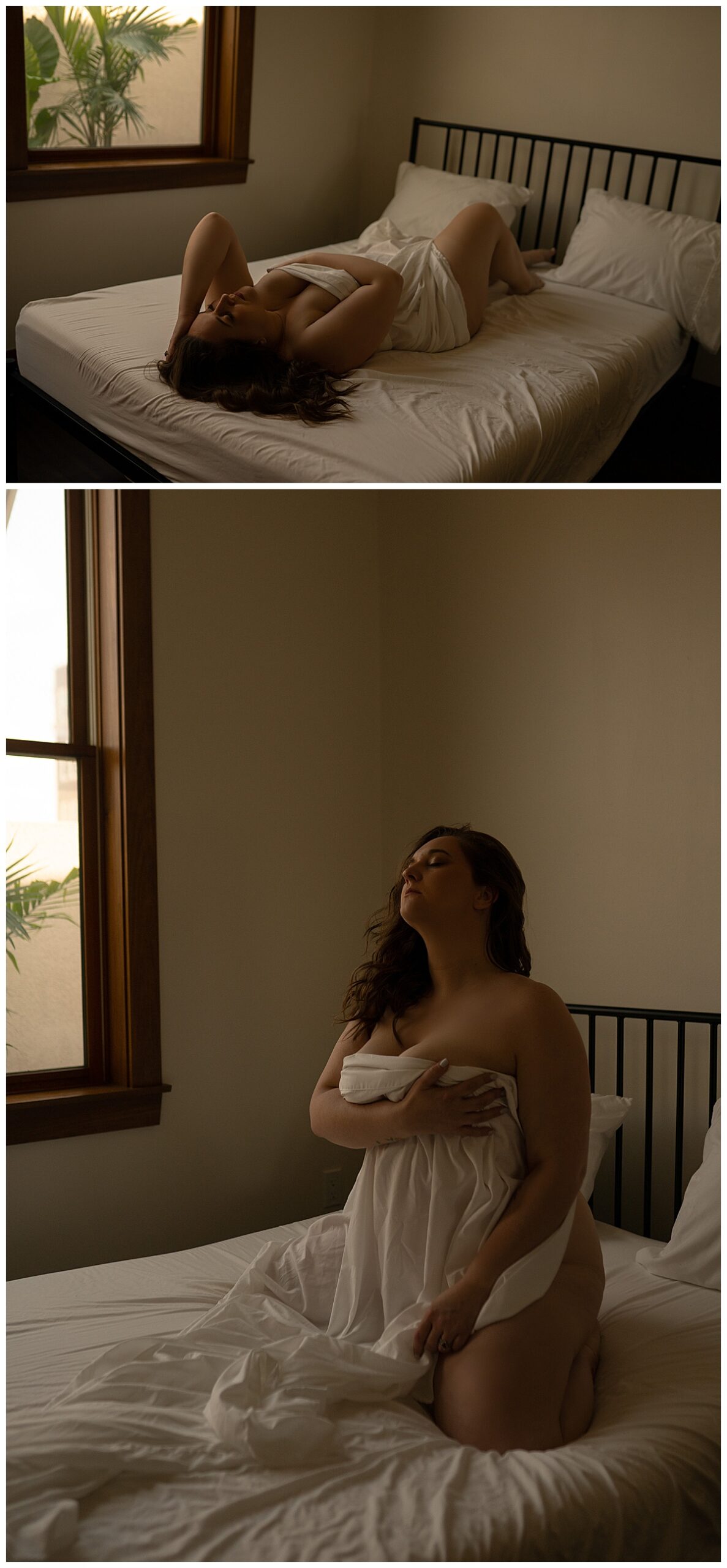 Adult kneels on bed for Emma Christine Photography
