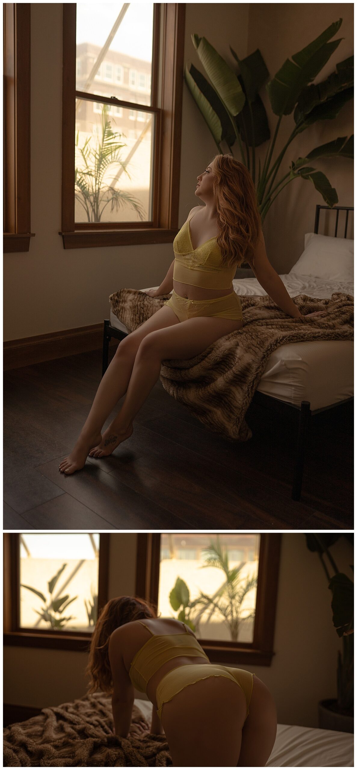 Woman sits on edge of bed in yellow lingerie for Emma Christine Photography