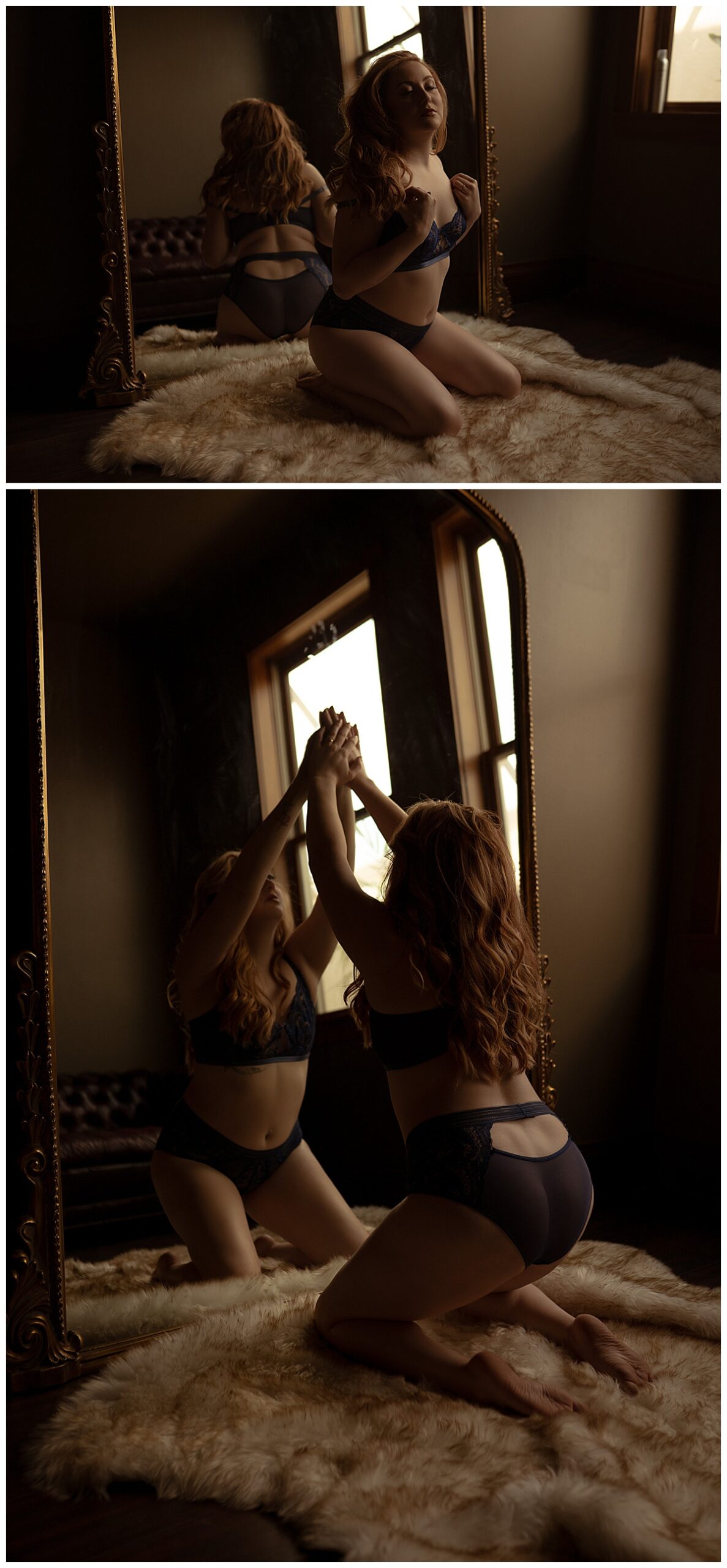 Woman leans into mirror for Emma Christine Photography