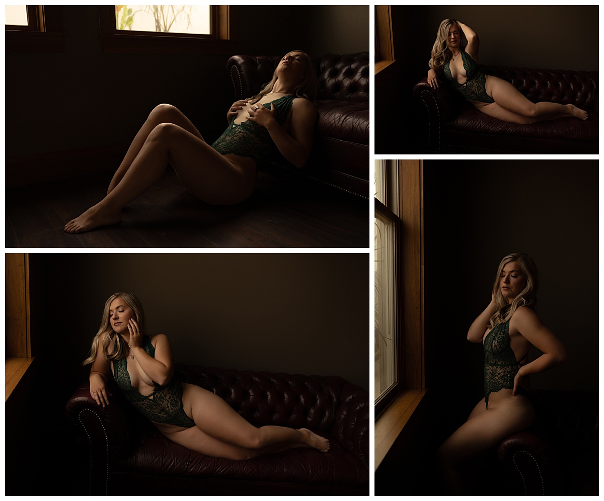 Person lays on and against the couch for Emma Christine Photography