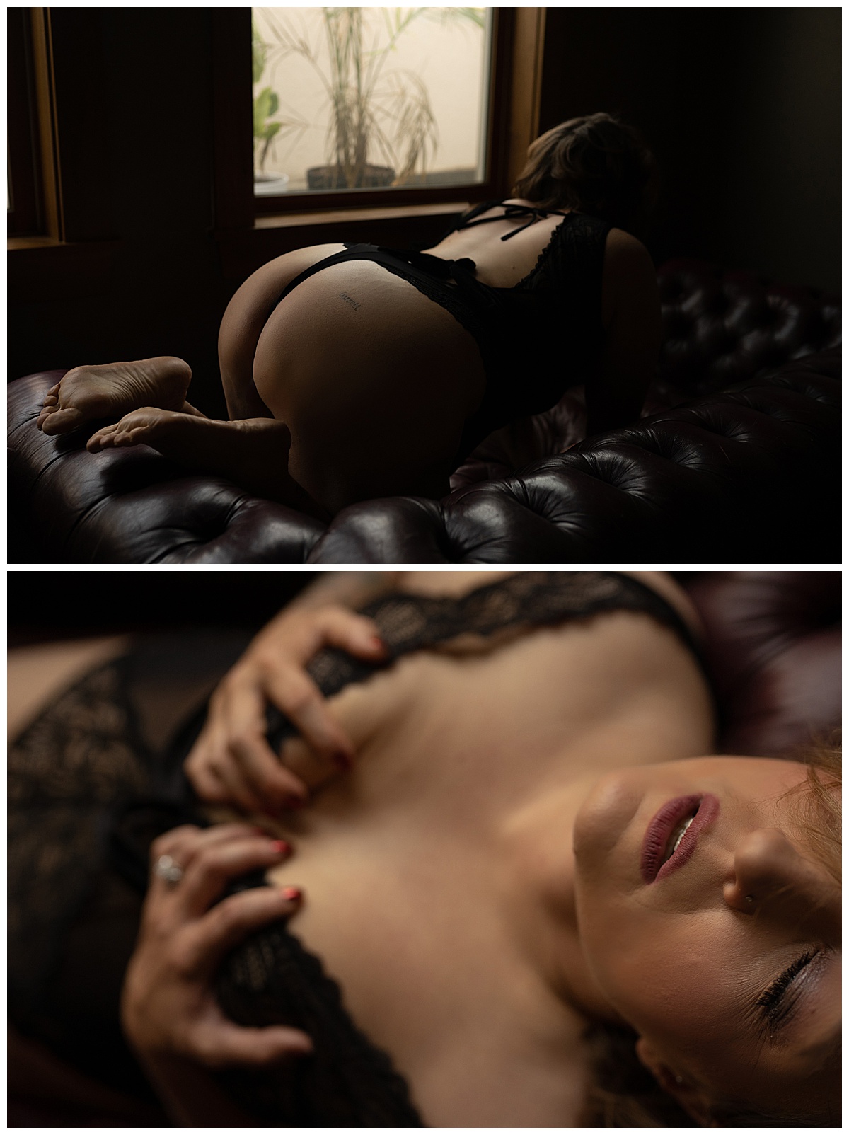 Adult covers her chest and leans on all fours wearing black lingerie for Emma Christine Photography