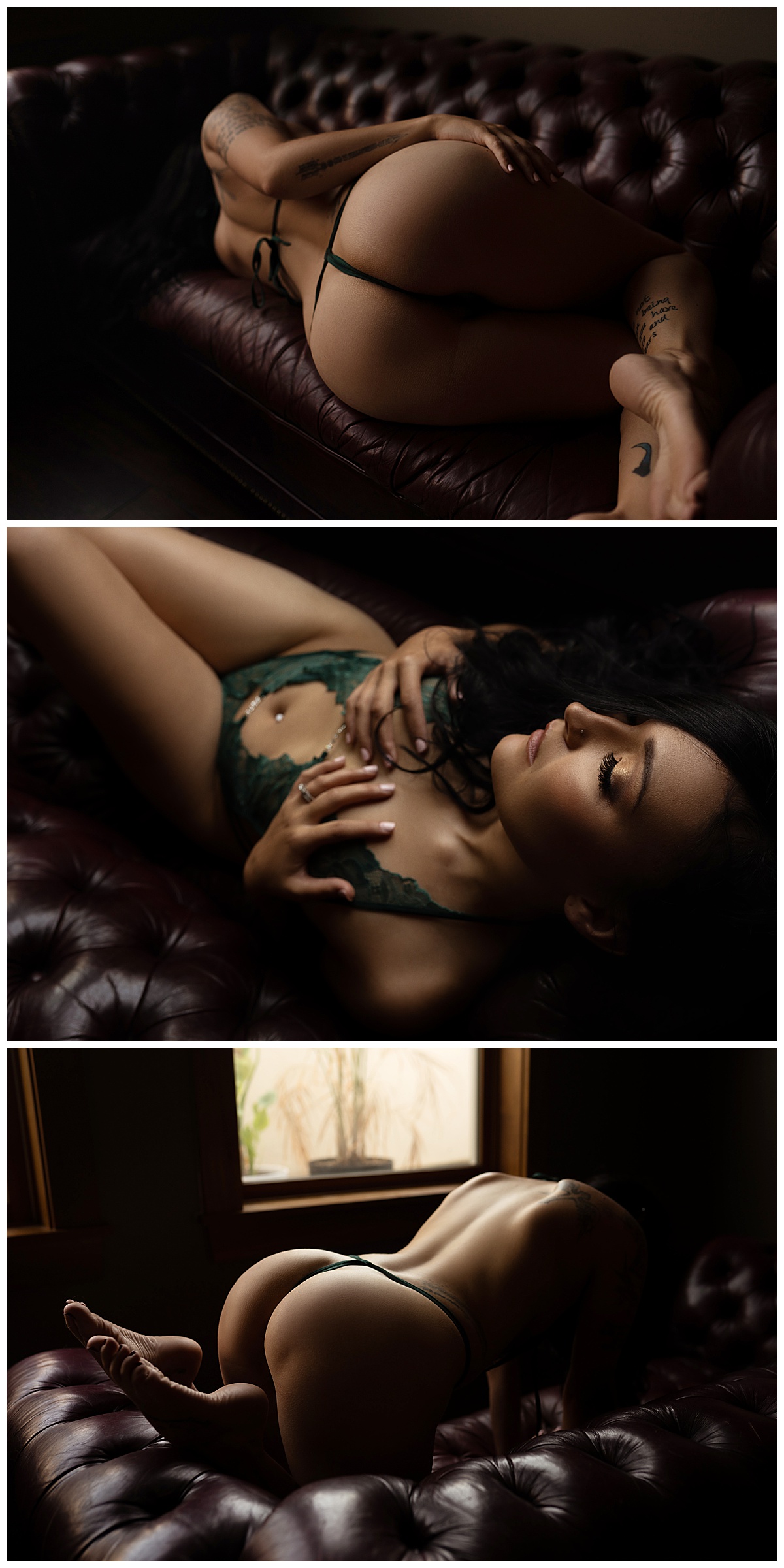 Girl in green lingerie lays on couch for Sioux Falls Boudoir Photographer