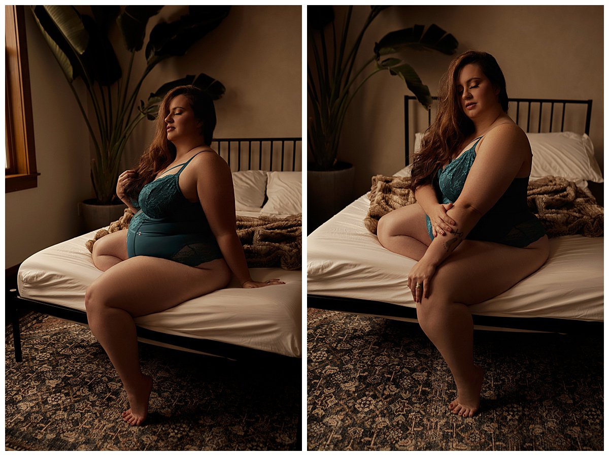 Lady sits on the bed wearing teal lingerie for Emma Christine Photography