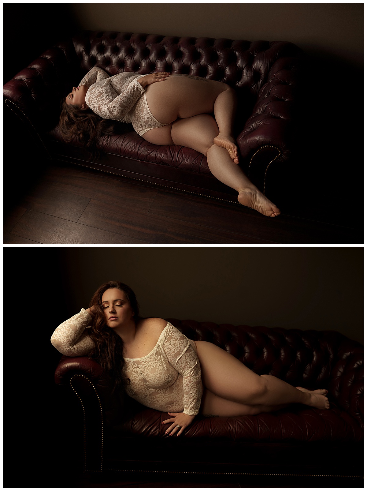 Female lays on the couch wearing lingerie for Emma Christine Photography