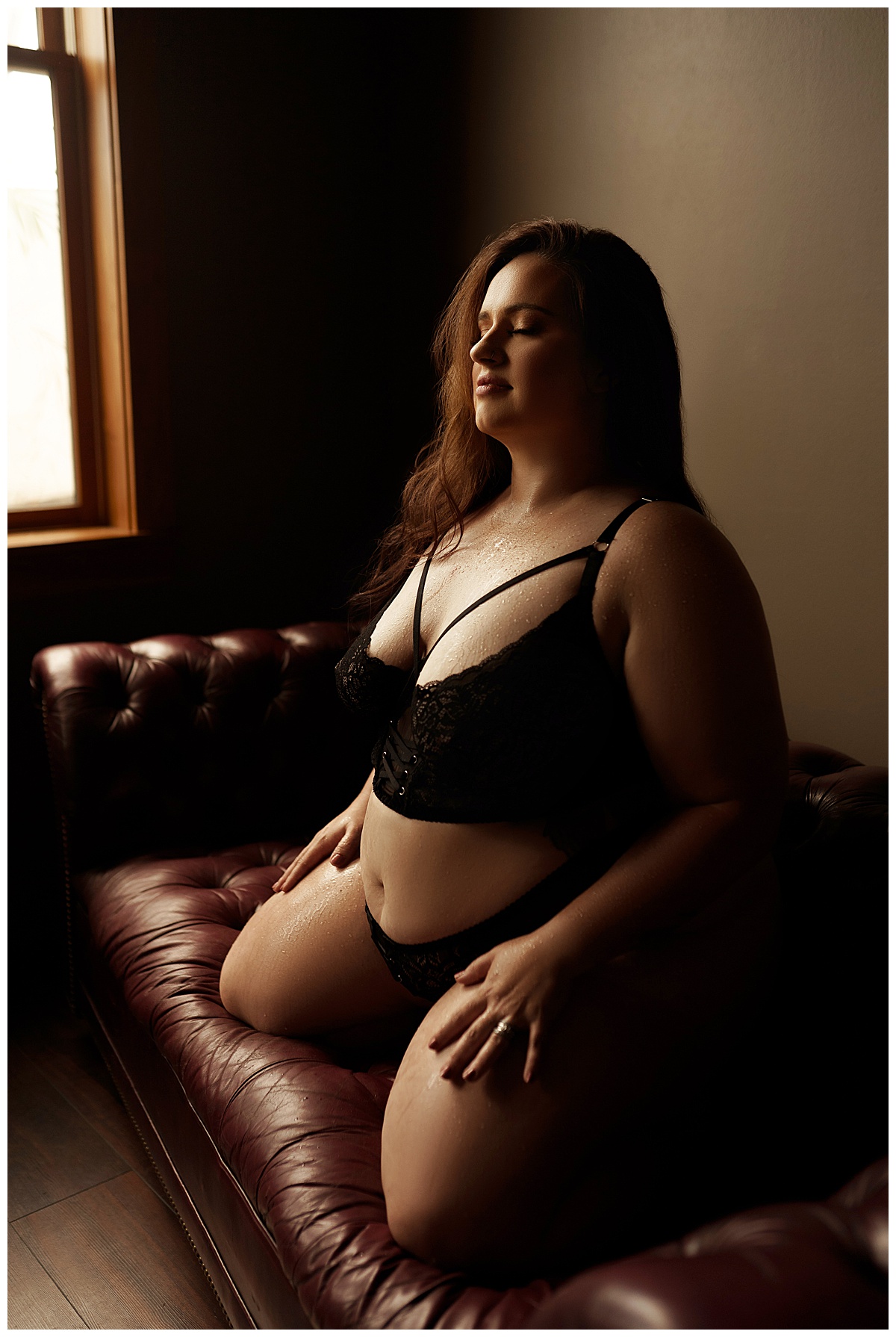 Female kneel son the ouch in lingerie for Emma Christine Photography