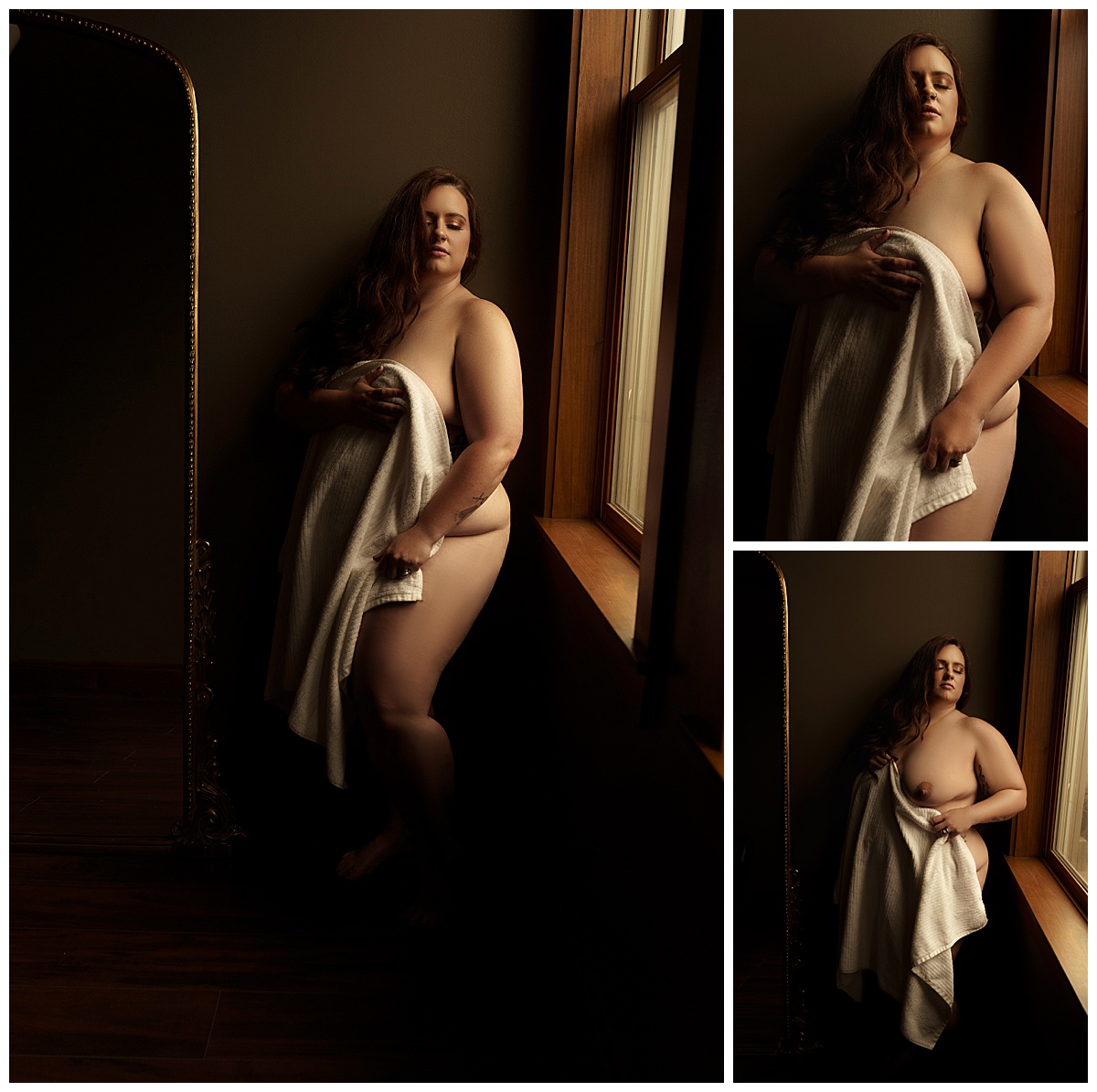  Person stands with towels wrapped around her body for Sioux Falls Boudoir Photographer