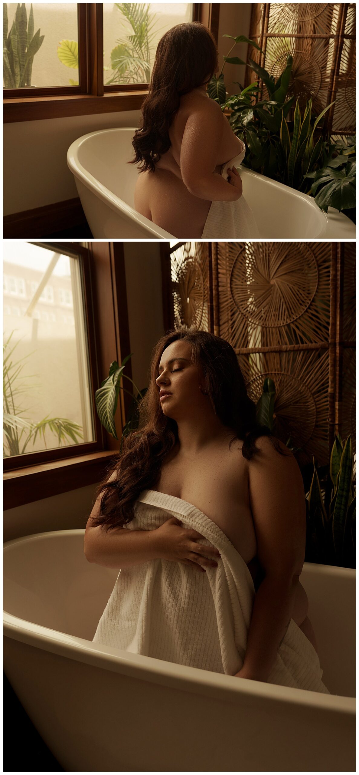 Person sits in a tub with a towel for Sioux Falls Boudoir Photographer