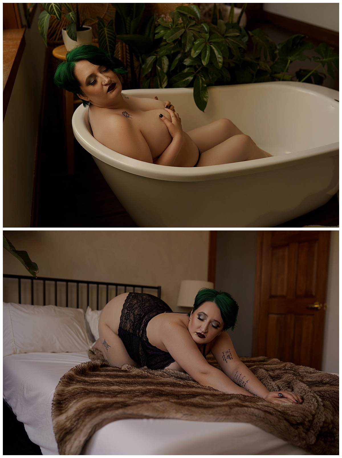 Adult lays on bed and sits in the tub for Emma Christine Photography