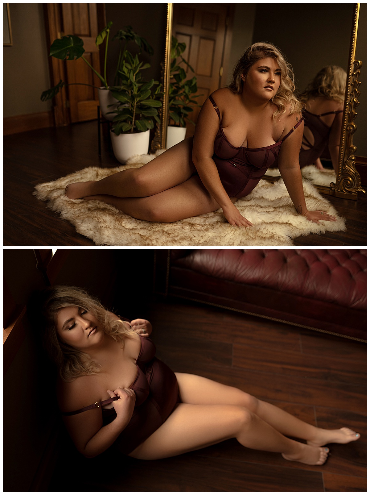 Adult sits on the floor wearing red lingerie for Sioux Falls Boudoir Photographer