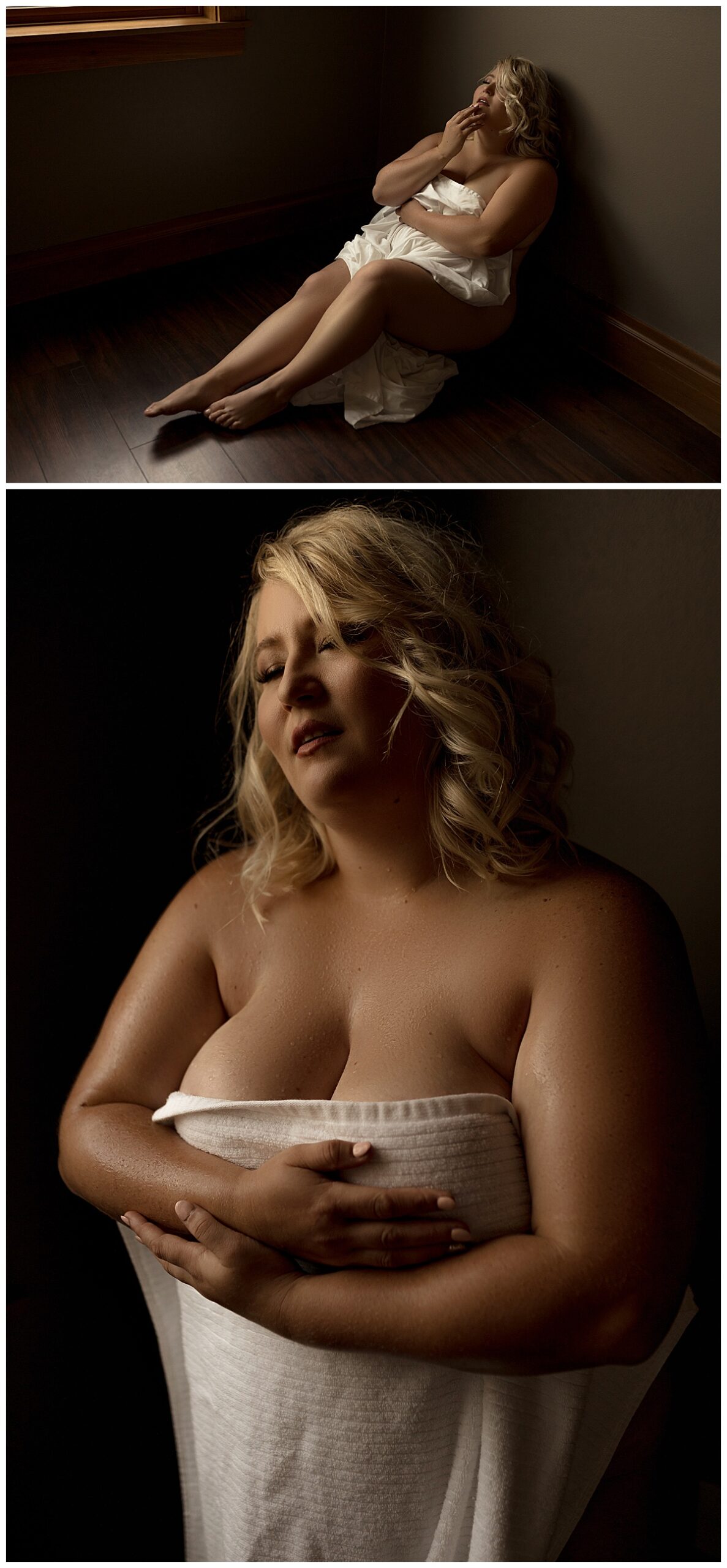 Adult lays on the floor wrapping her body in a towel for Sioux Falls Boudoir Photographer