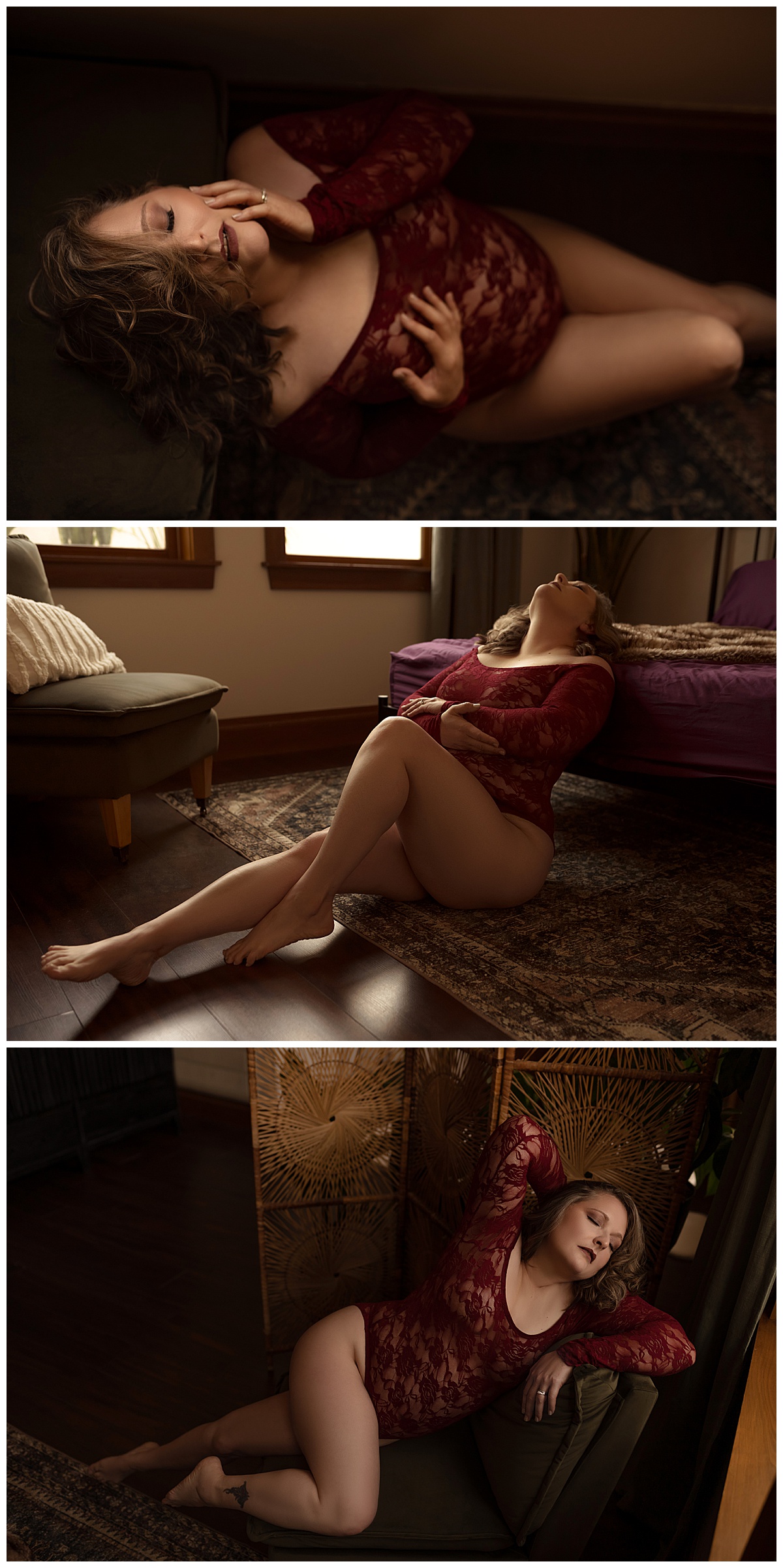 Adult wears red lace lingerie for Sioux Falls Boudoir Photographer