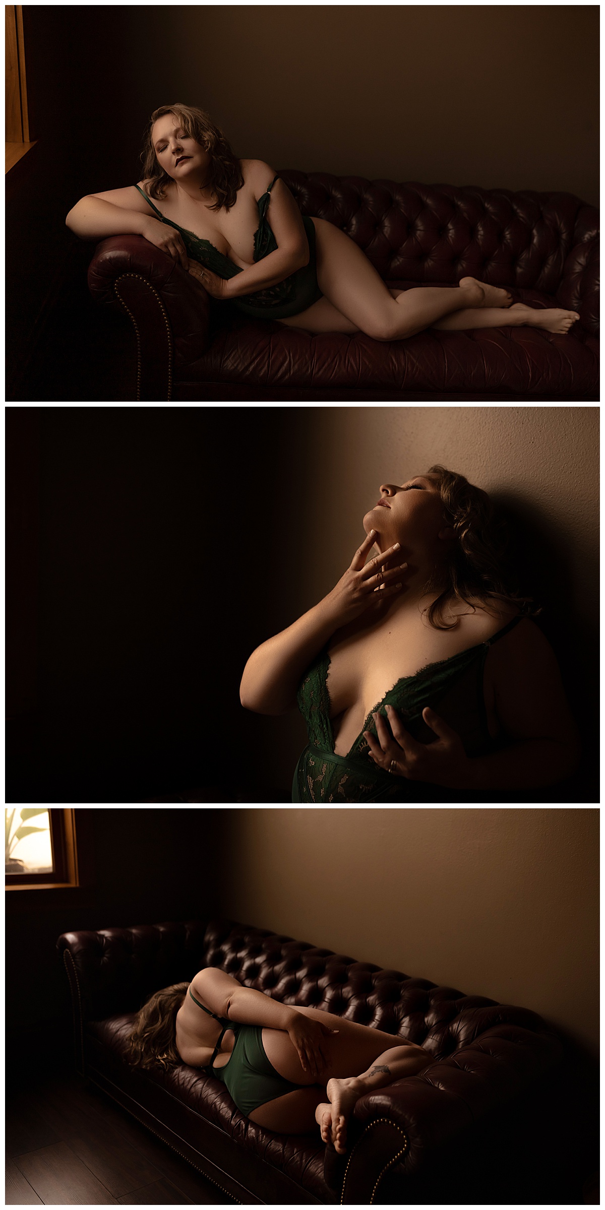 Person lays on a couch wearing green lingerie for Sioux Falls Boudoir Photographer
