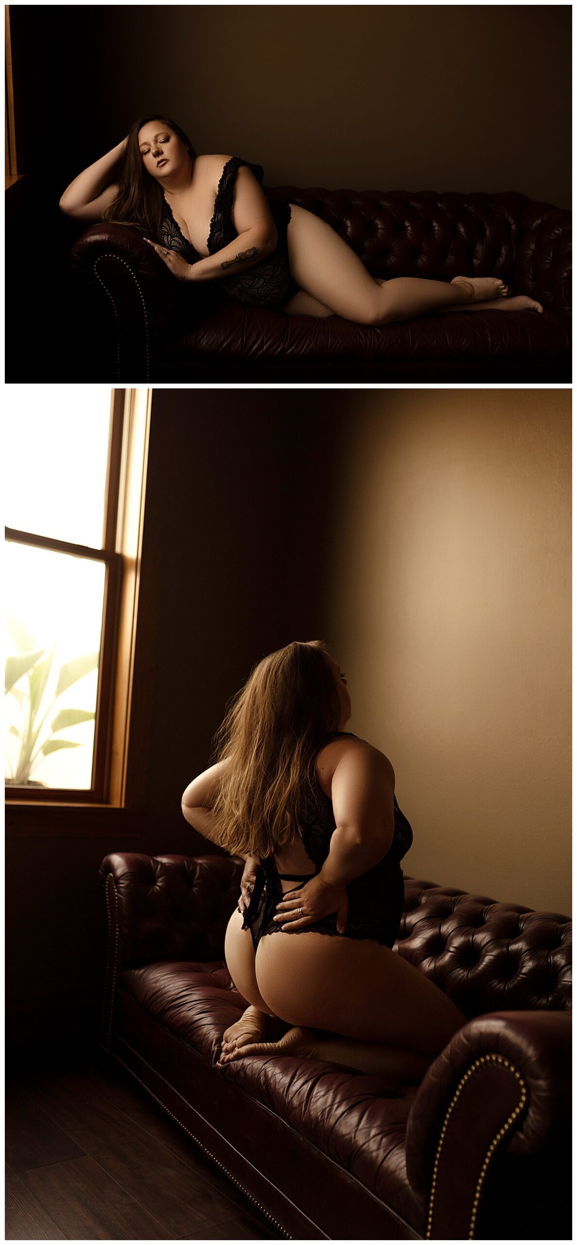 Female kneels on the couch wearing black lingerie for Sioux Falls Boudoir Photographer