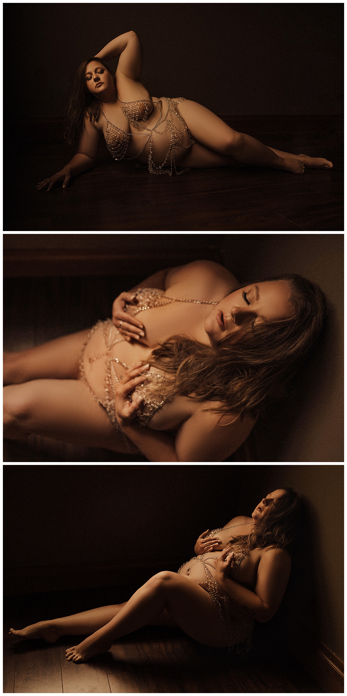 Person lays on the floor covered in body chains for Sioux Falls Boudoir Photographer