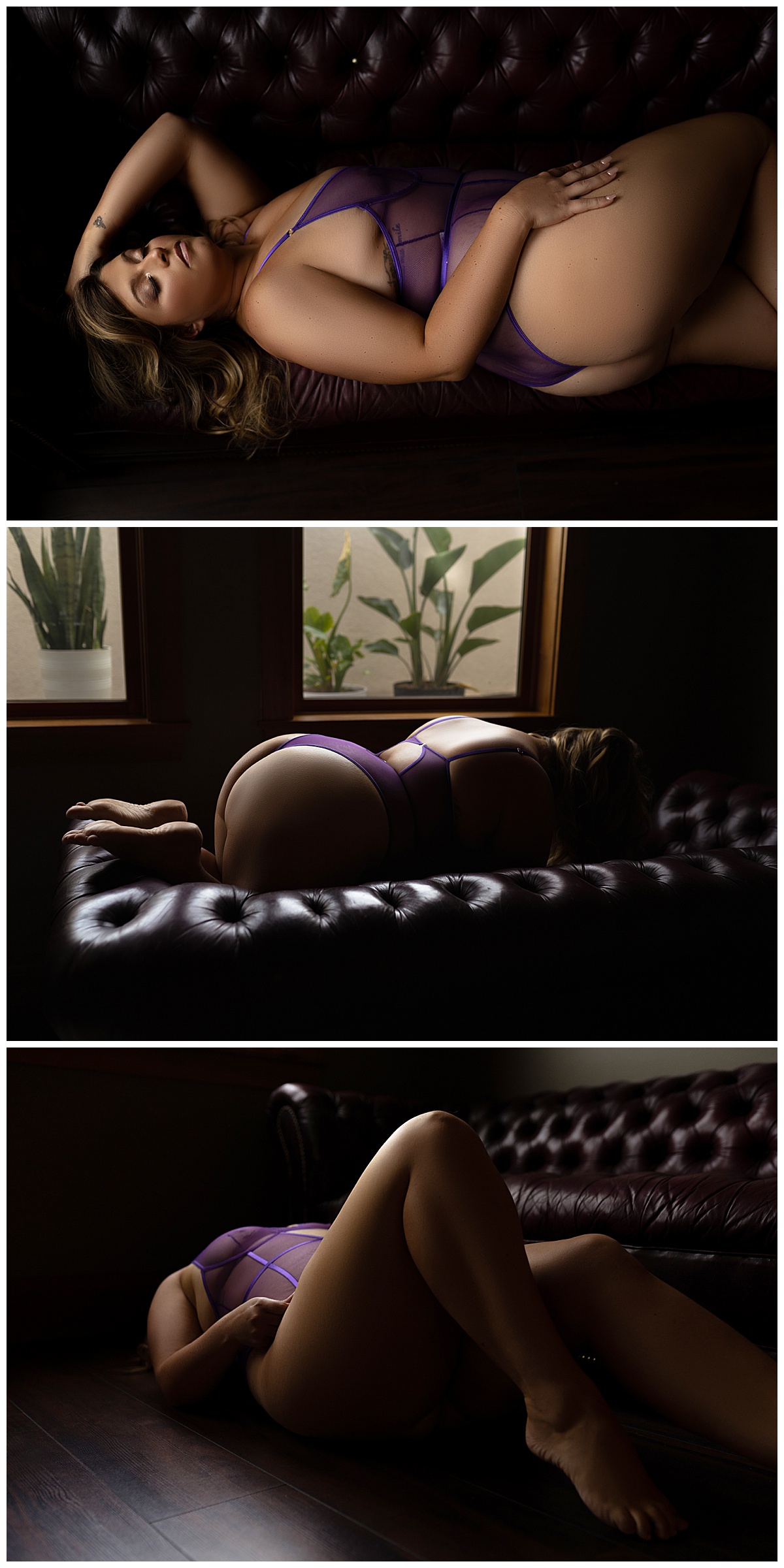 Female lays on the couch and floor wearing purple lingerie for Emma Christine Photography