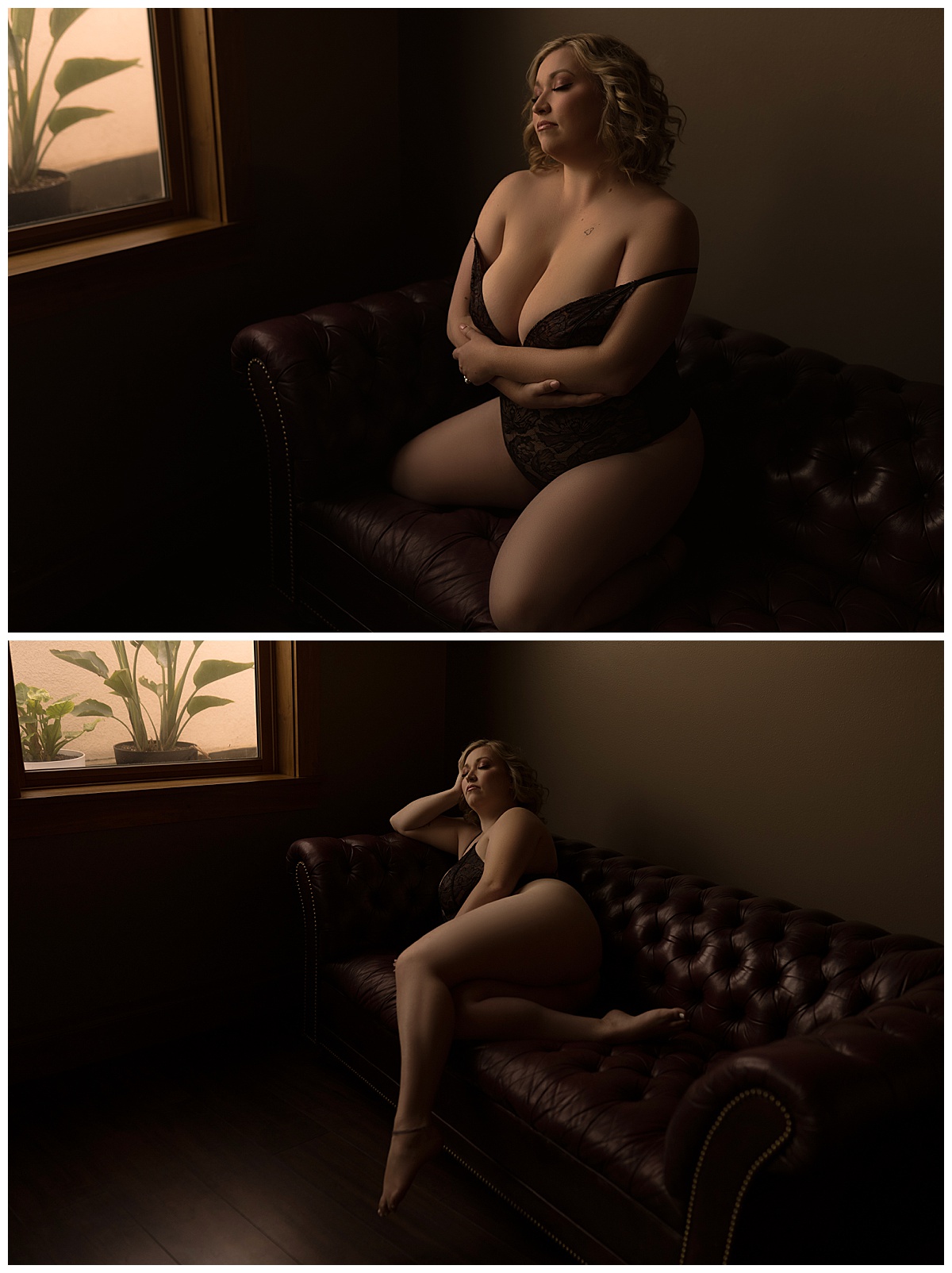 Woman wears black lingerie and sits on the couch to show how a boudoir session can help you embrace your body
