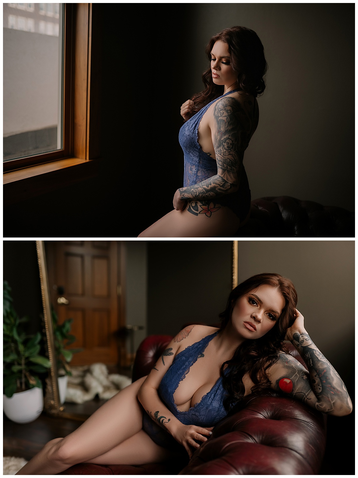 Woman wears bright blue lingerie for Emma Christine Photography