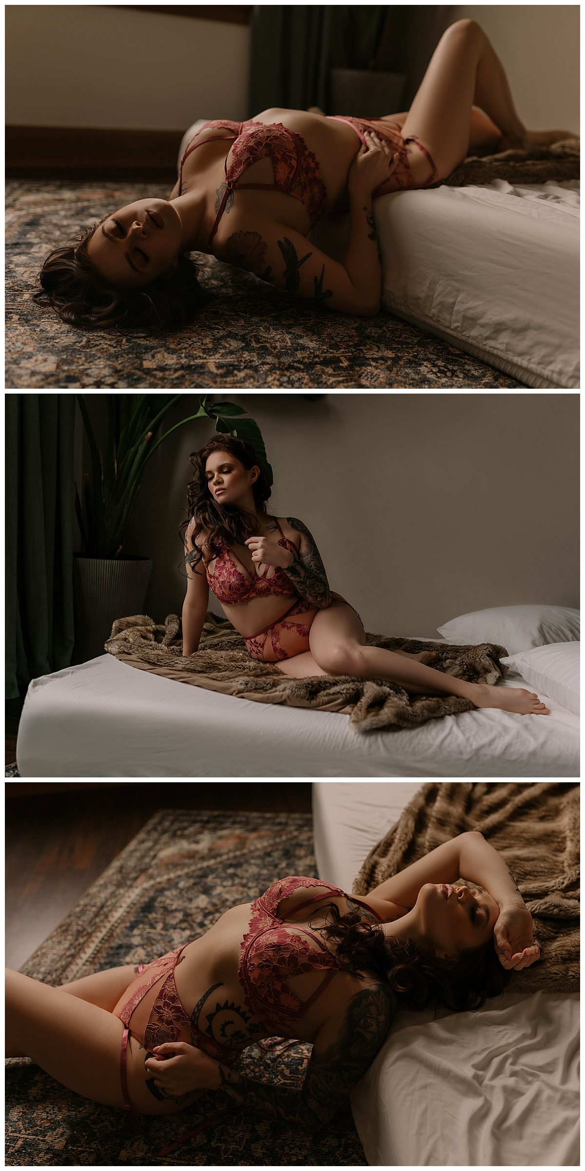 Girls lays on the bed wearing red lingerie for Sioux Falls Boudoir Photographer