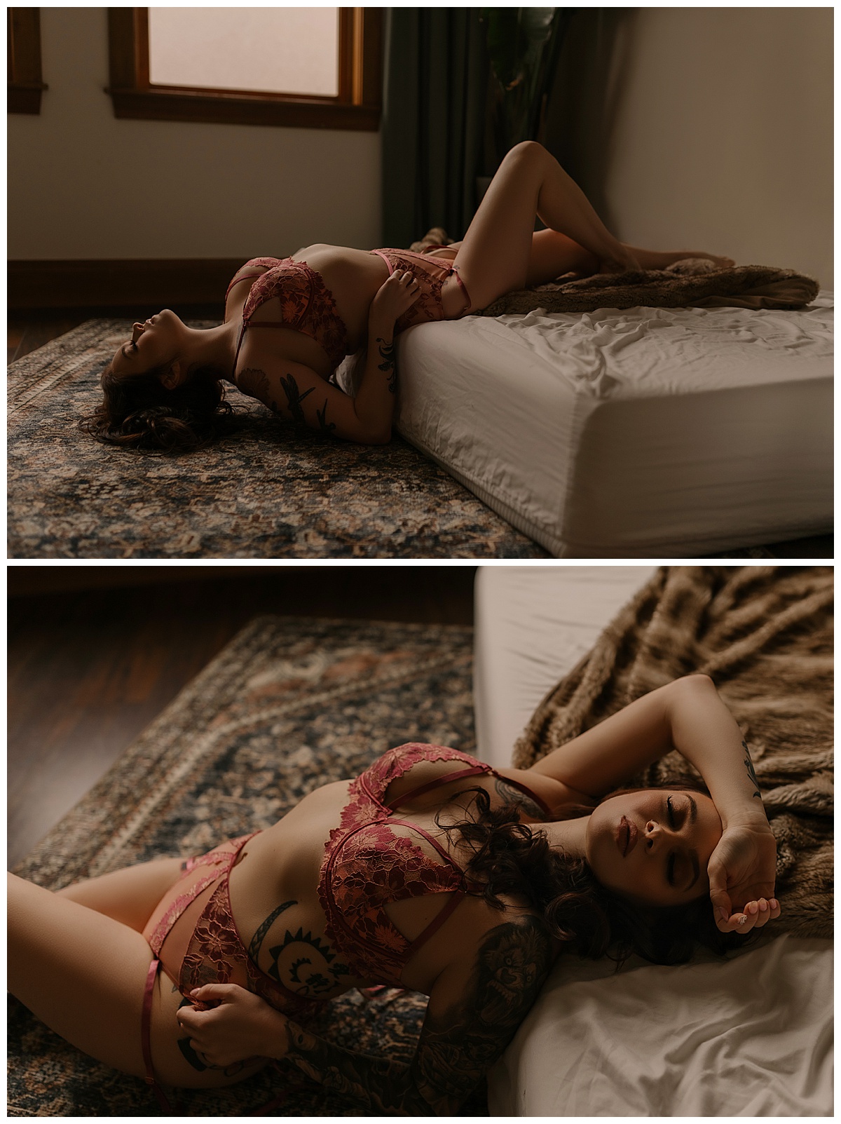 Woman lays off the bed wearing red lingerie for Sioux Falls Boudoir Photographer