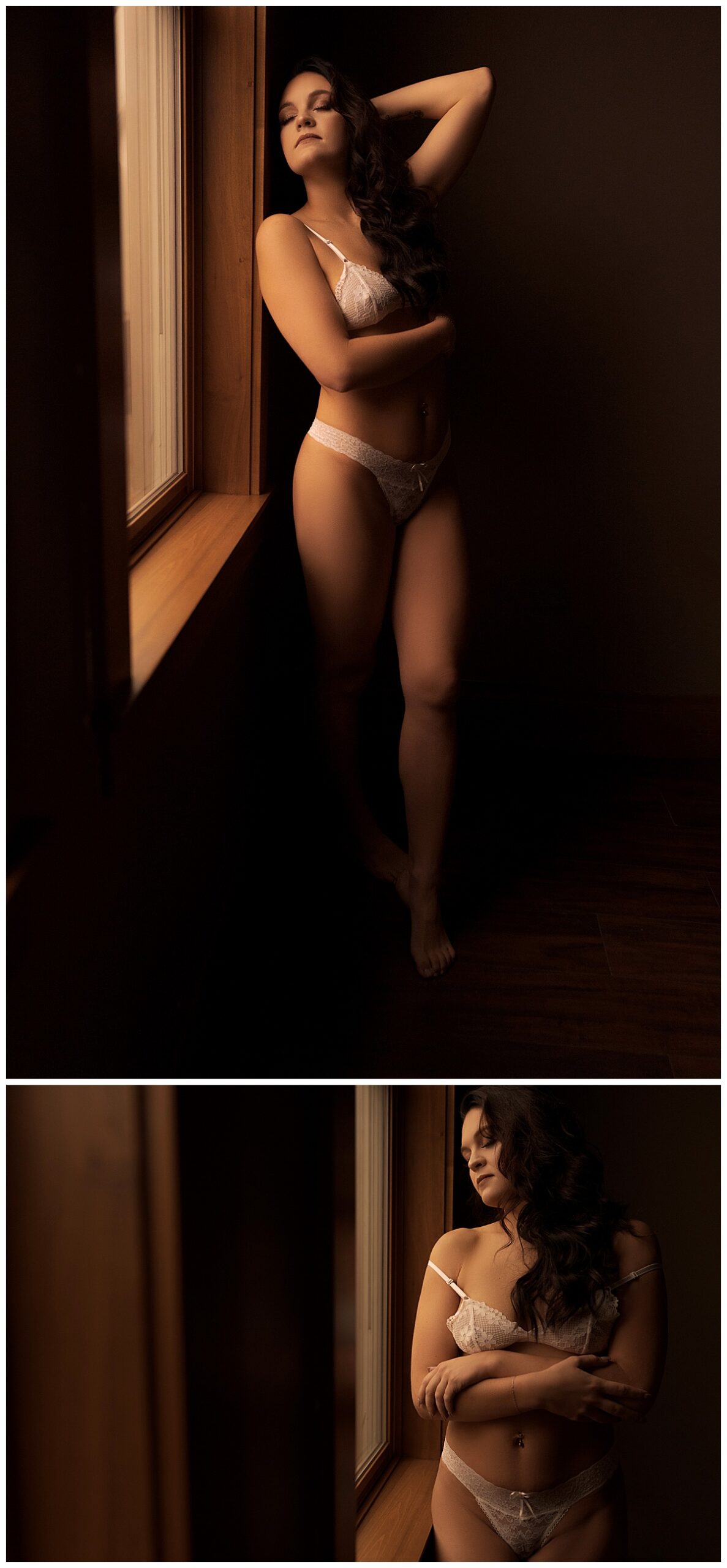 Woman stands in front of the window to calm the nerves during her boudoir session
