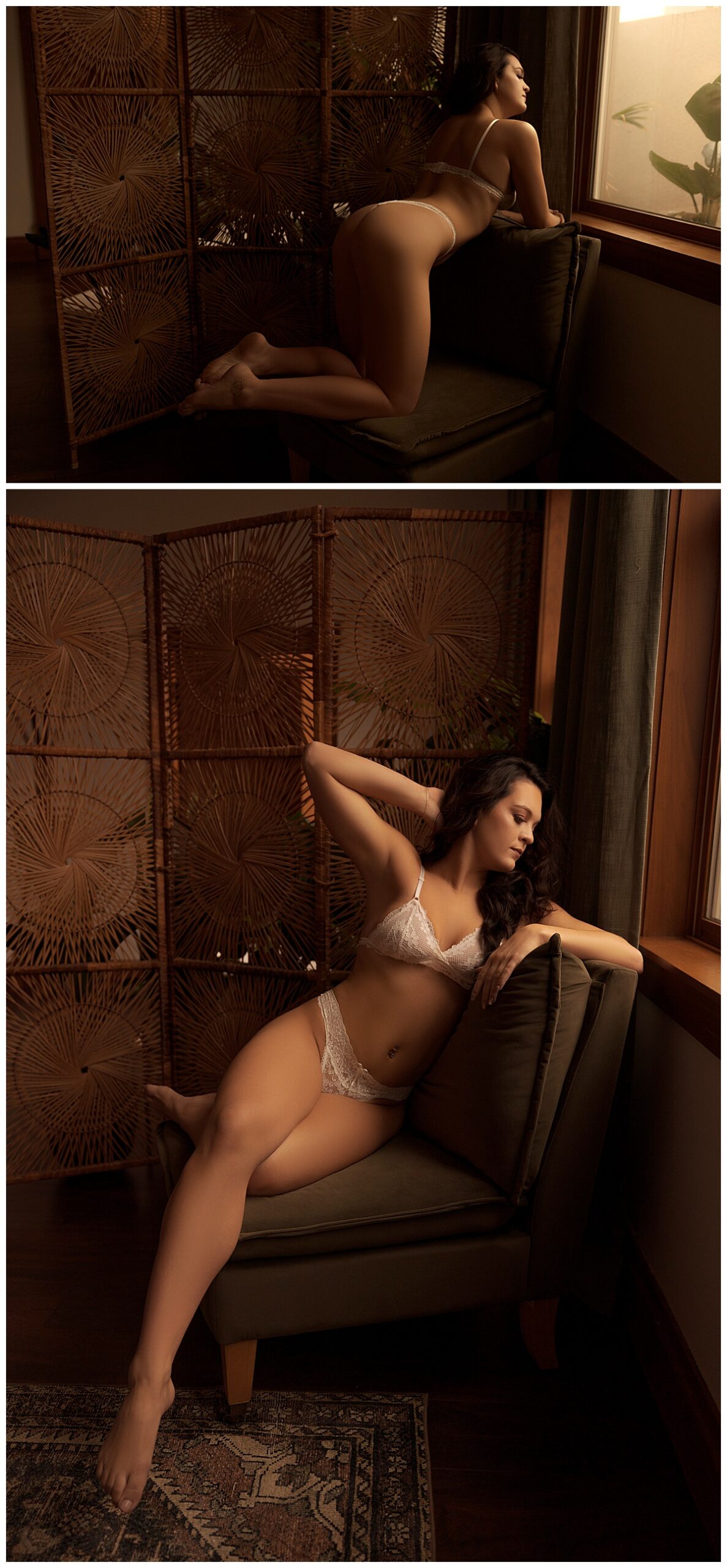 Adult wears white lingerie and leans against a couch for Sioux Falls Boudoir Photographer