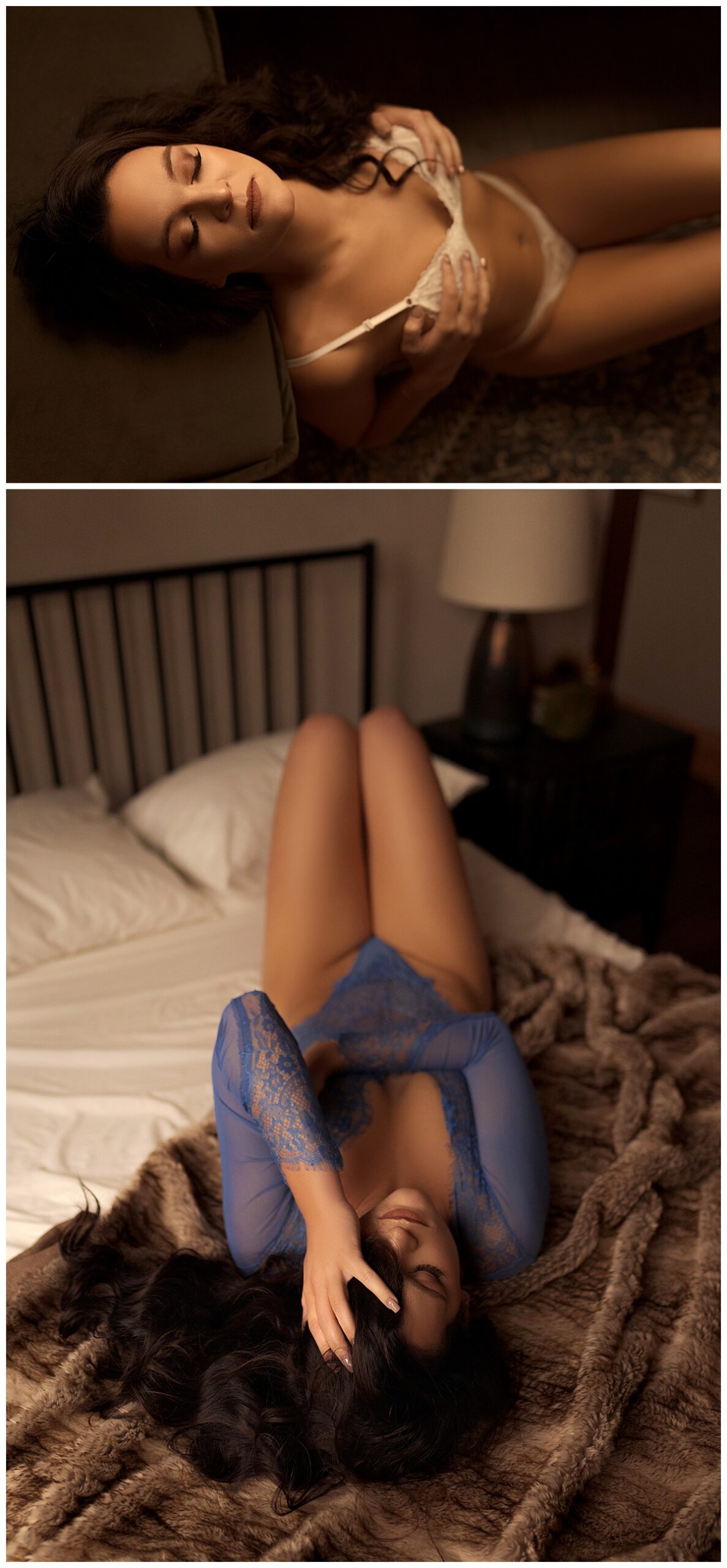 Woman lays on the bed and covers her chest with her hands for Sioux Falls Boudoir Photographer