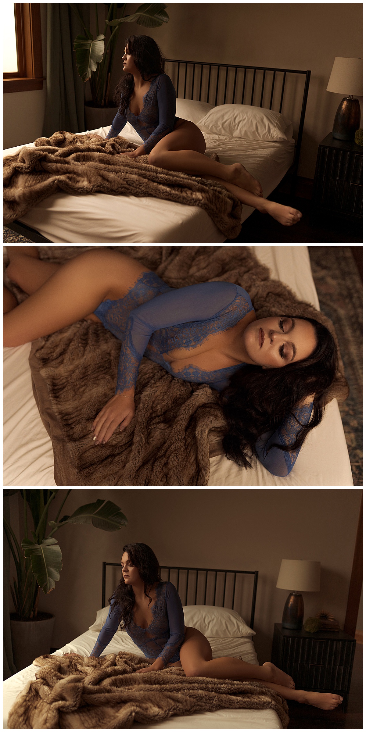 Woman lays on the bed wearing blue lingerie for Sioux Falls Boudoir Photographer