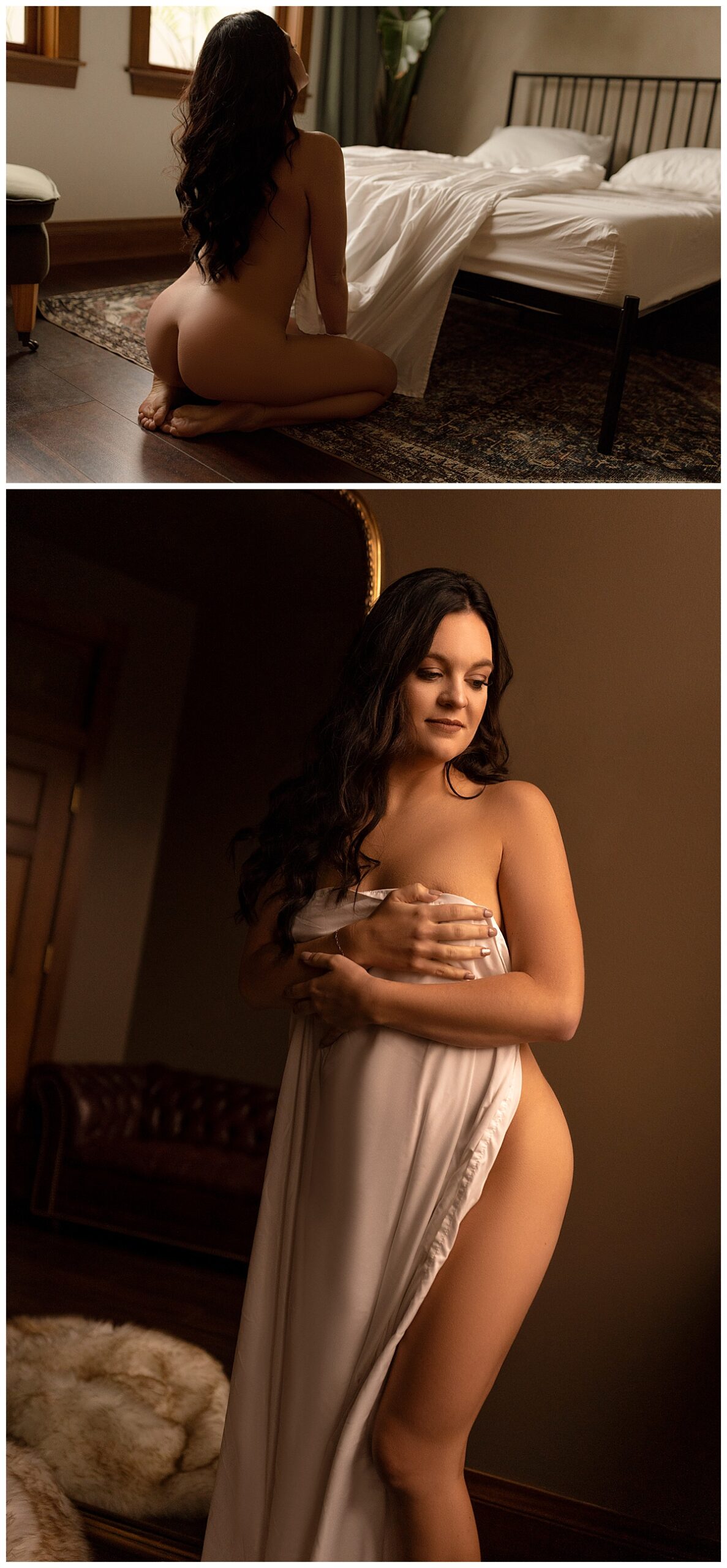 Female sits on the bed and covers her body to calm the nerves during her boudoir session