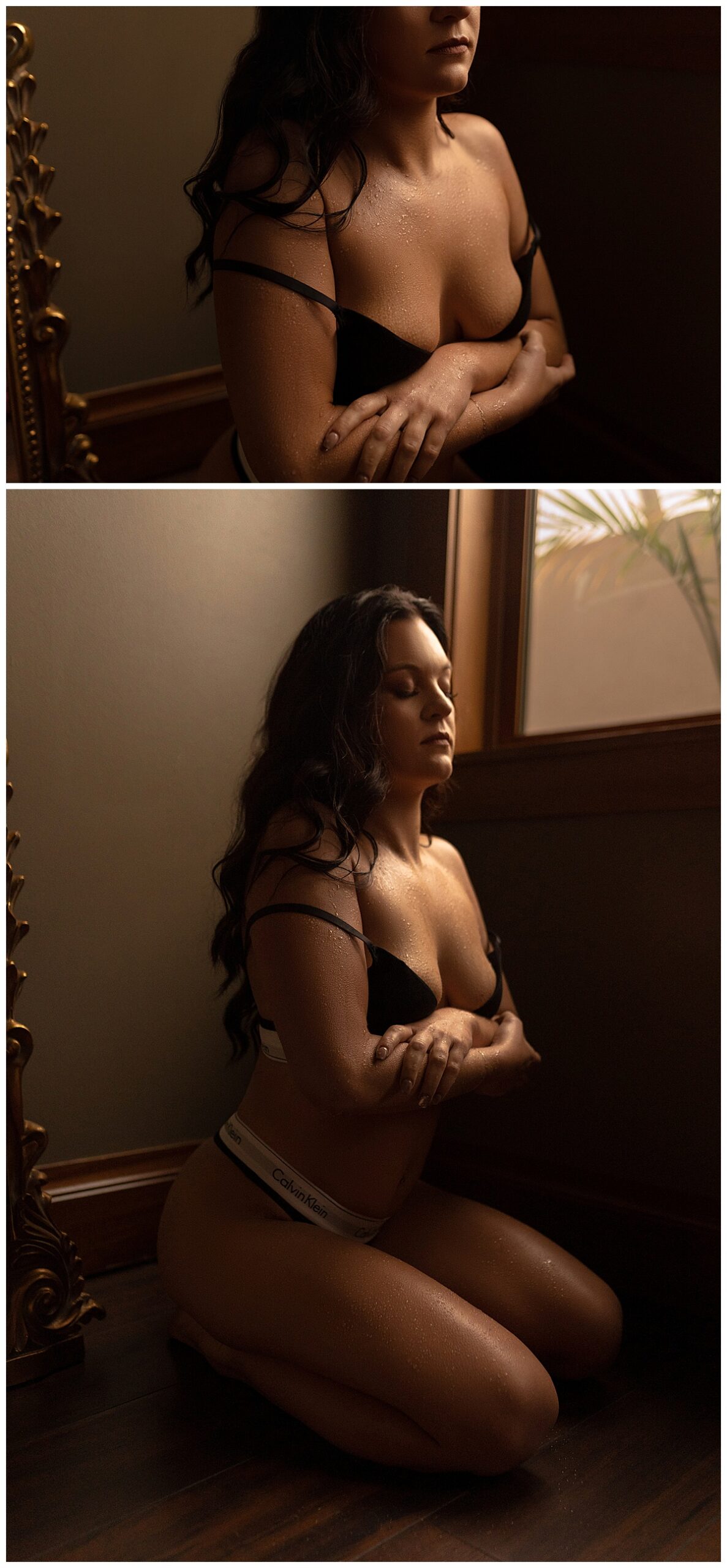 Girl covers her body with her arms crossed for Sioux Falls Boudoir Photographer
