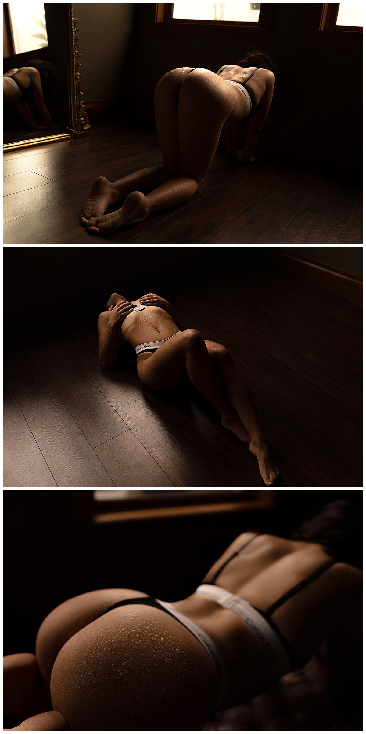 Woman lays on the floor wearing black lingerie for Sioux Falls Boudoir Photographer