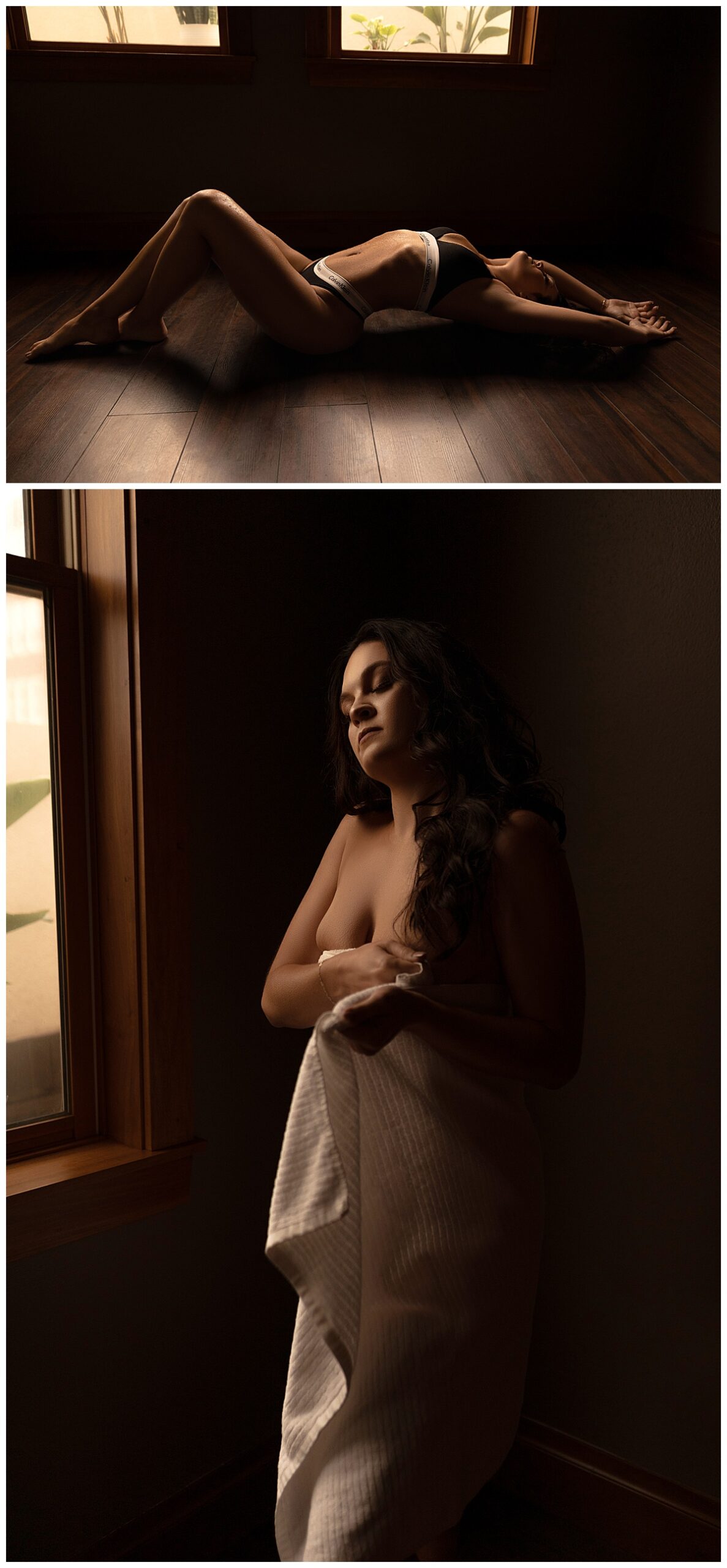 Girl covers her body with a white sheet to calm the nerves during her boudoir session