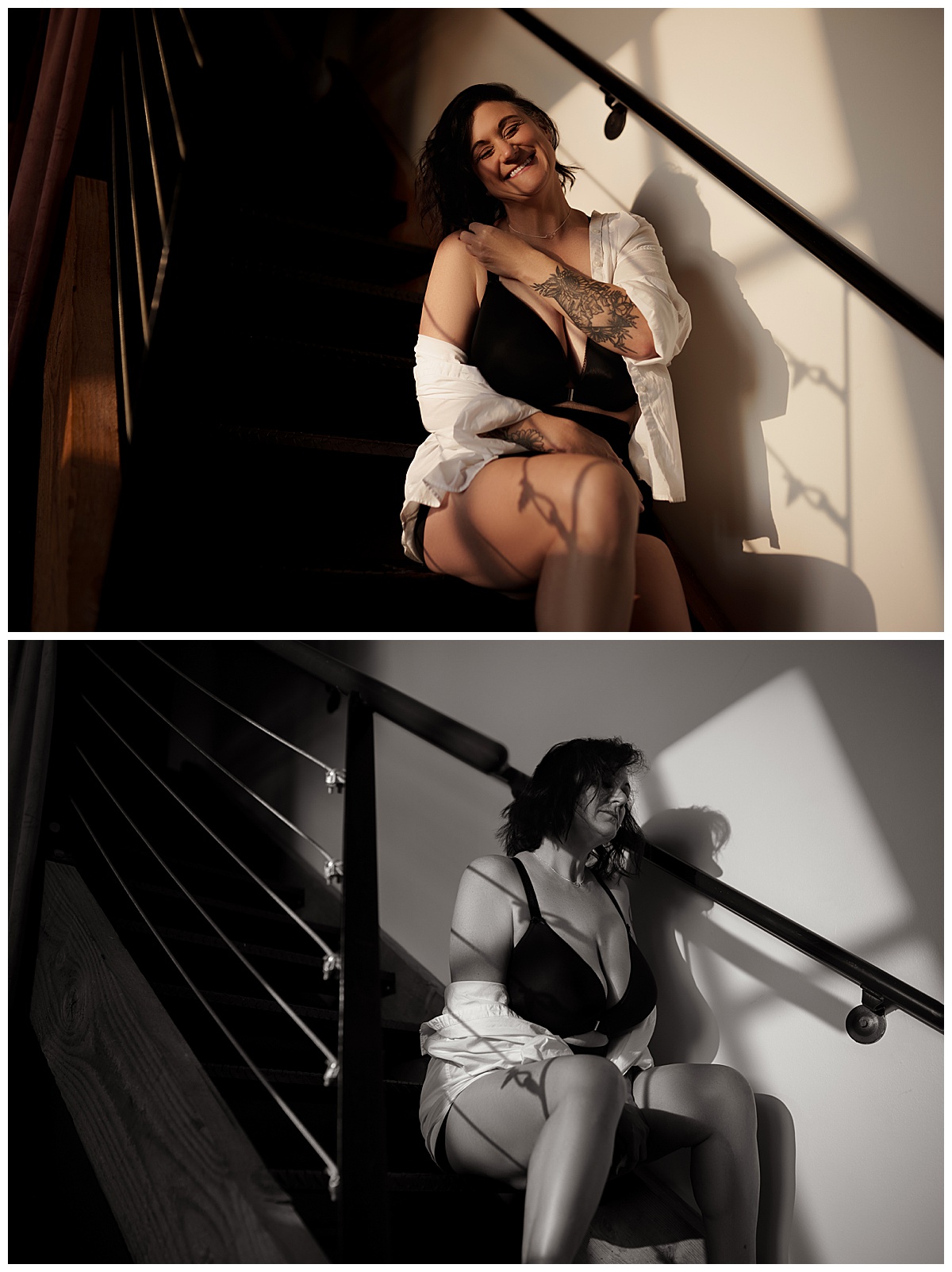 Adult sits on steps wearing white button up during her Pin-Up Inspired Boudoir Session