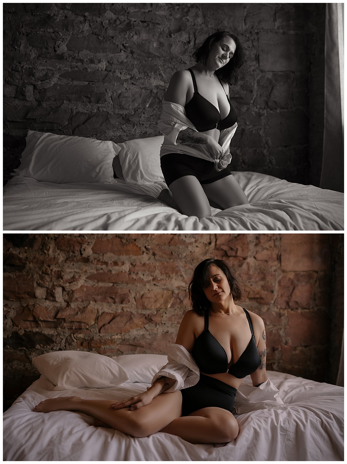 Person sits on the bed wearing lingerie for Sioux Falls Boudoir Photographer