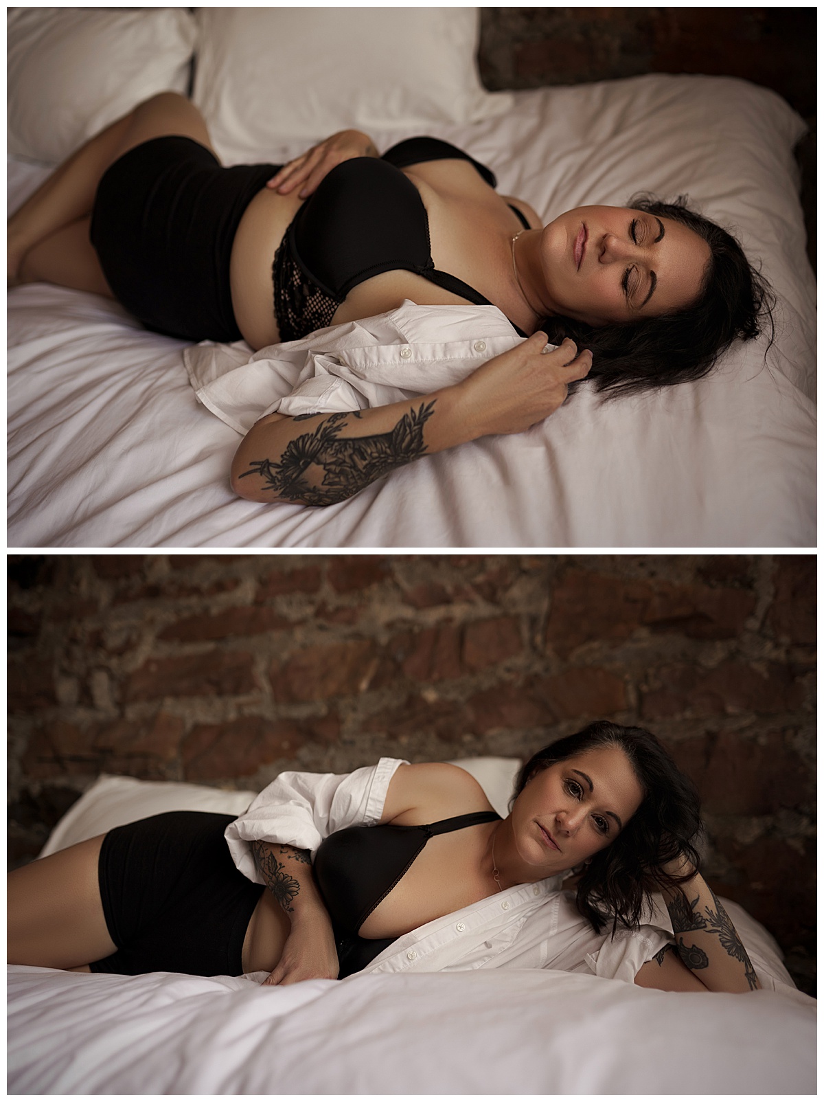 Woman lays on the bed wearing white button up during her Pin-Up Inspired Boudoir Session