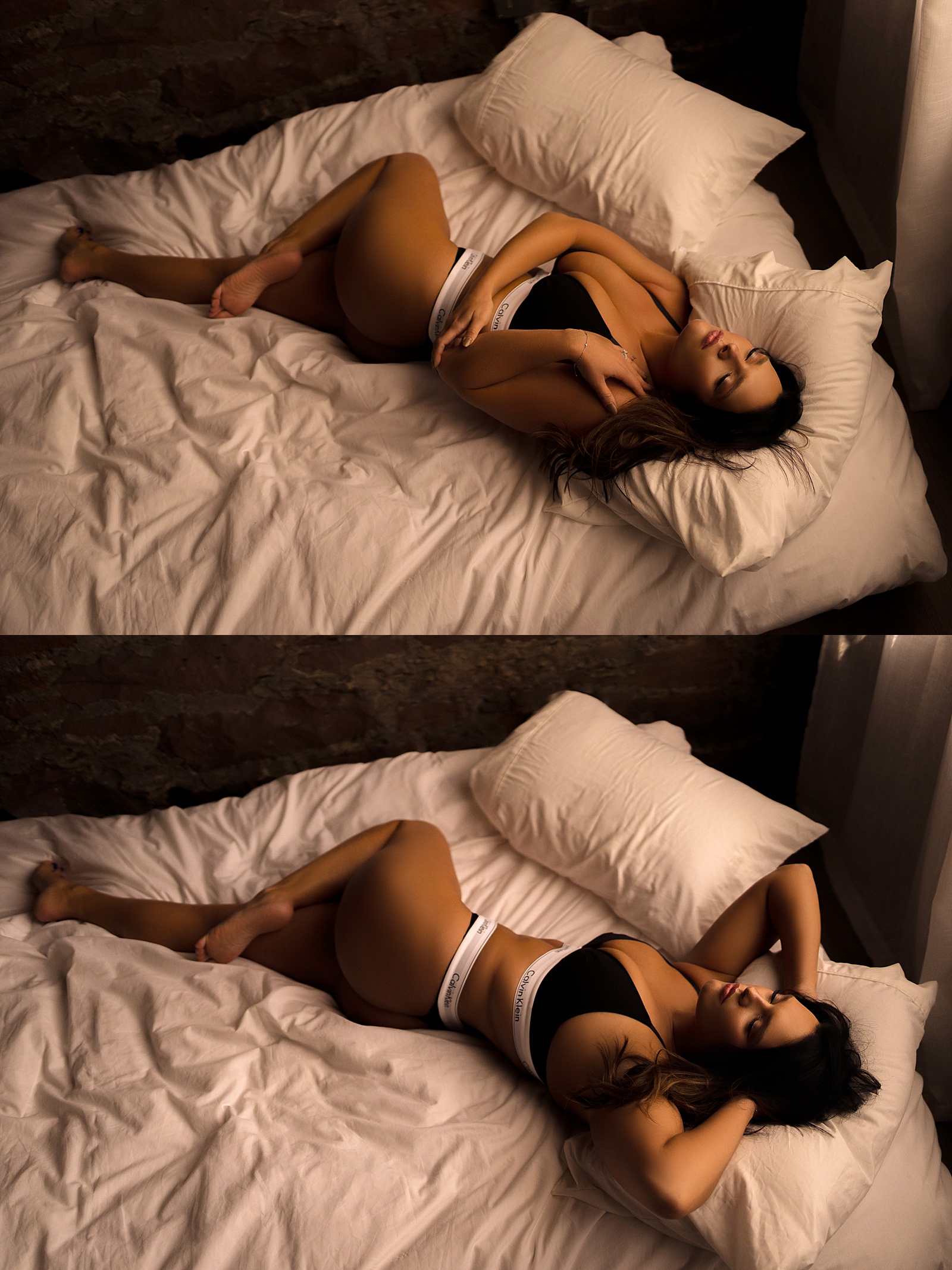 Person lays on the bed wearing lingerie for Emma Christine Photography