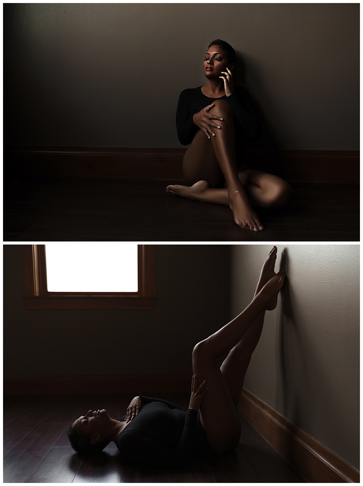 Female leans against the wall and on the floor for Emma Christine Photography