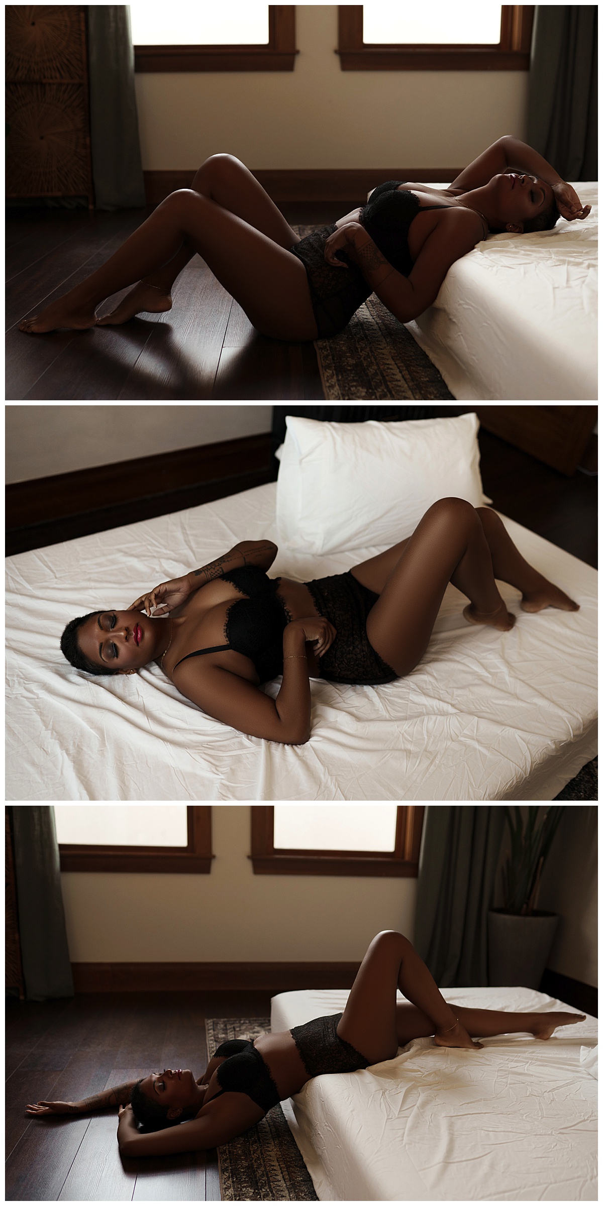 Person wears black lingerie set and poses against a bed for Emma Christine Photography