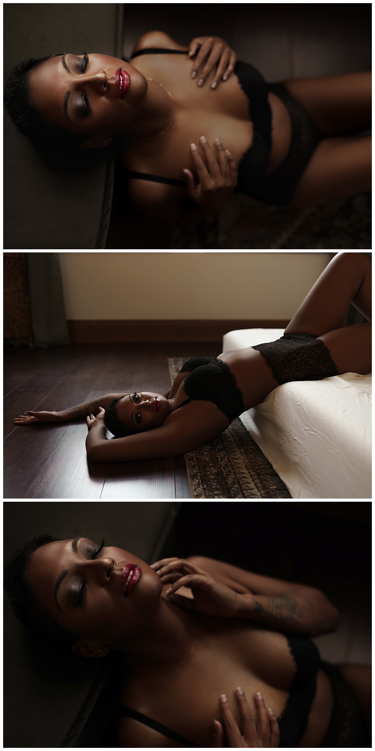 Woman lays on the floor wearing black lingerie for Best Boudoir Photographer