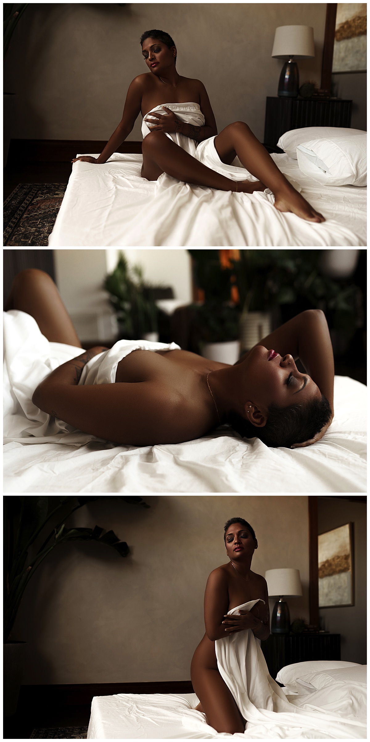 Lady covers her body with a white sheet for Sioux Falls Boudoir Photographer