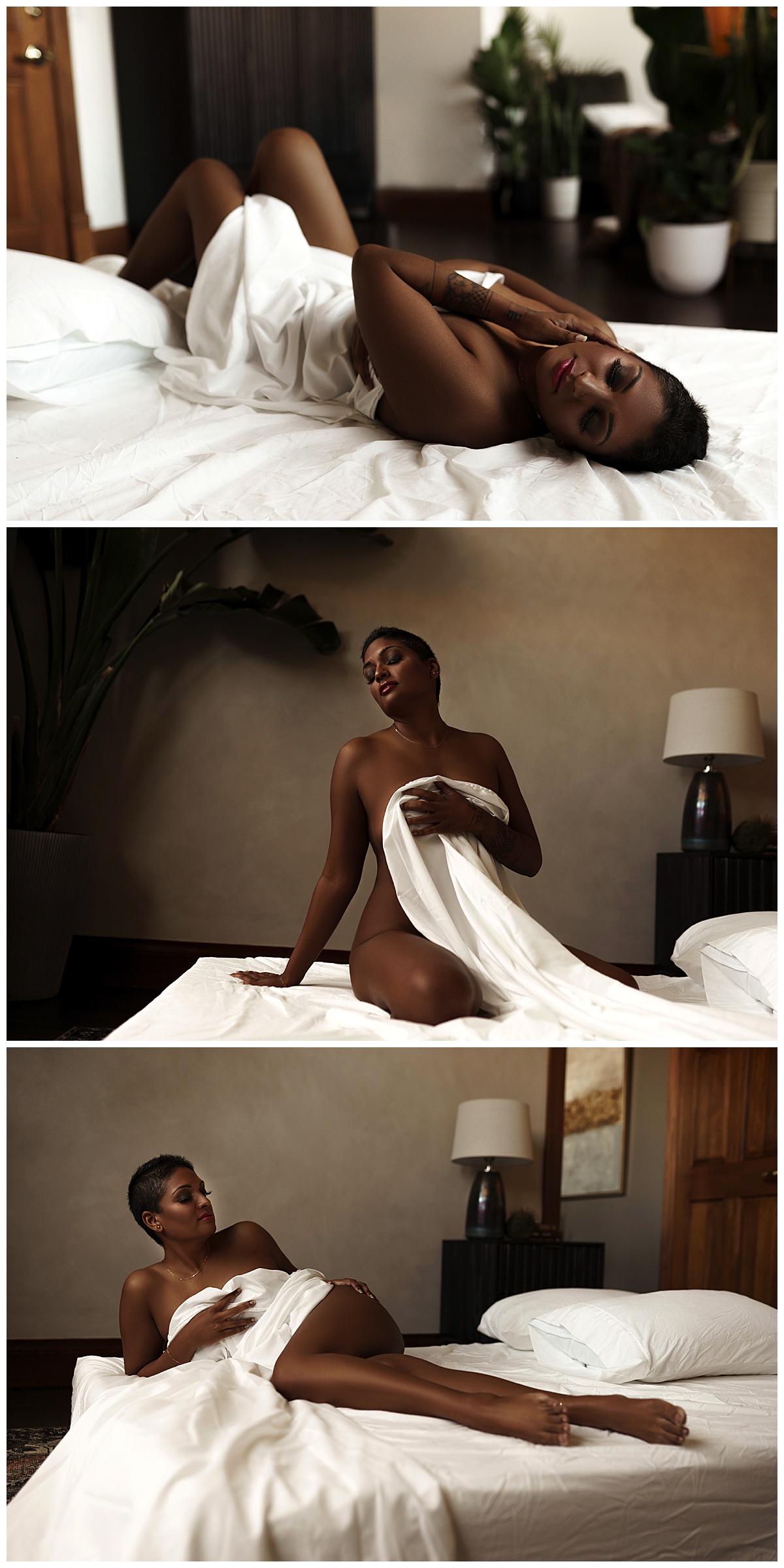 Female covers her body with a white sheet for Emma Christine Photography