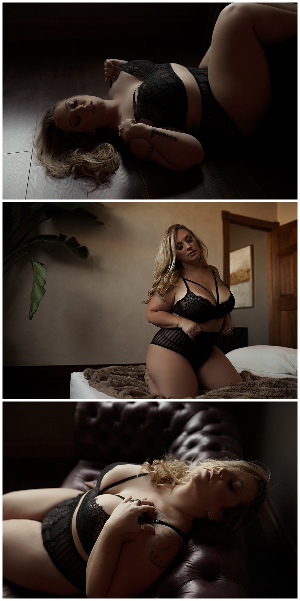 Adult wears black lingerie white laying on the floor, kneeling on the bed and the couch by Emma Christine Photography