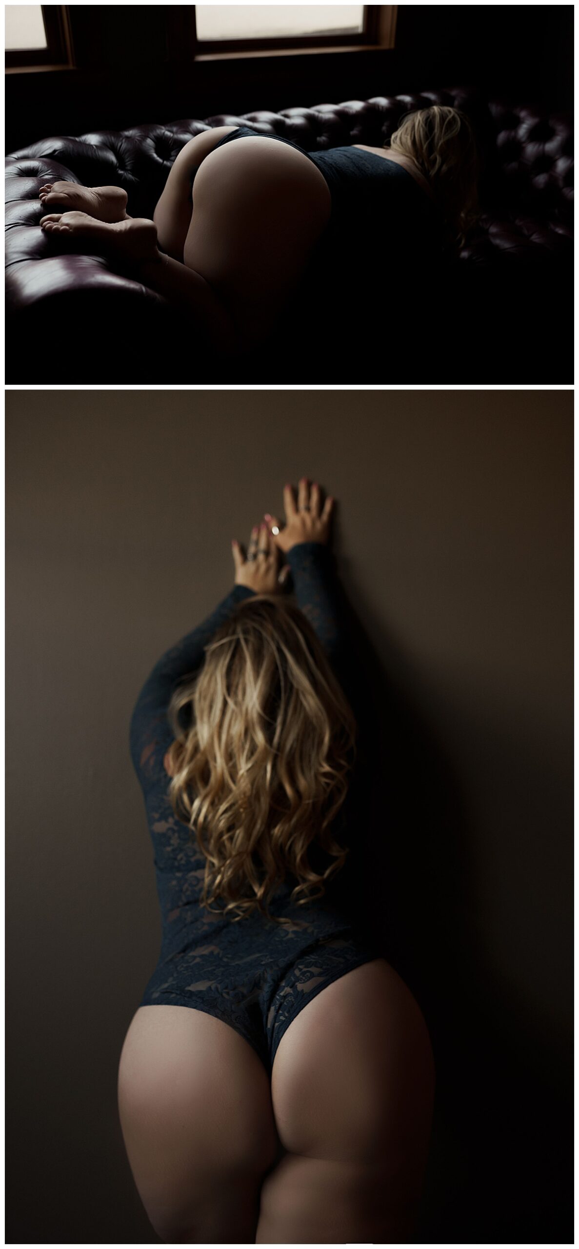 Adult wears blue lingerie while laying on the couch and leaning into a wall for Emma Christine Photography