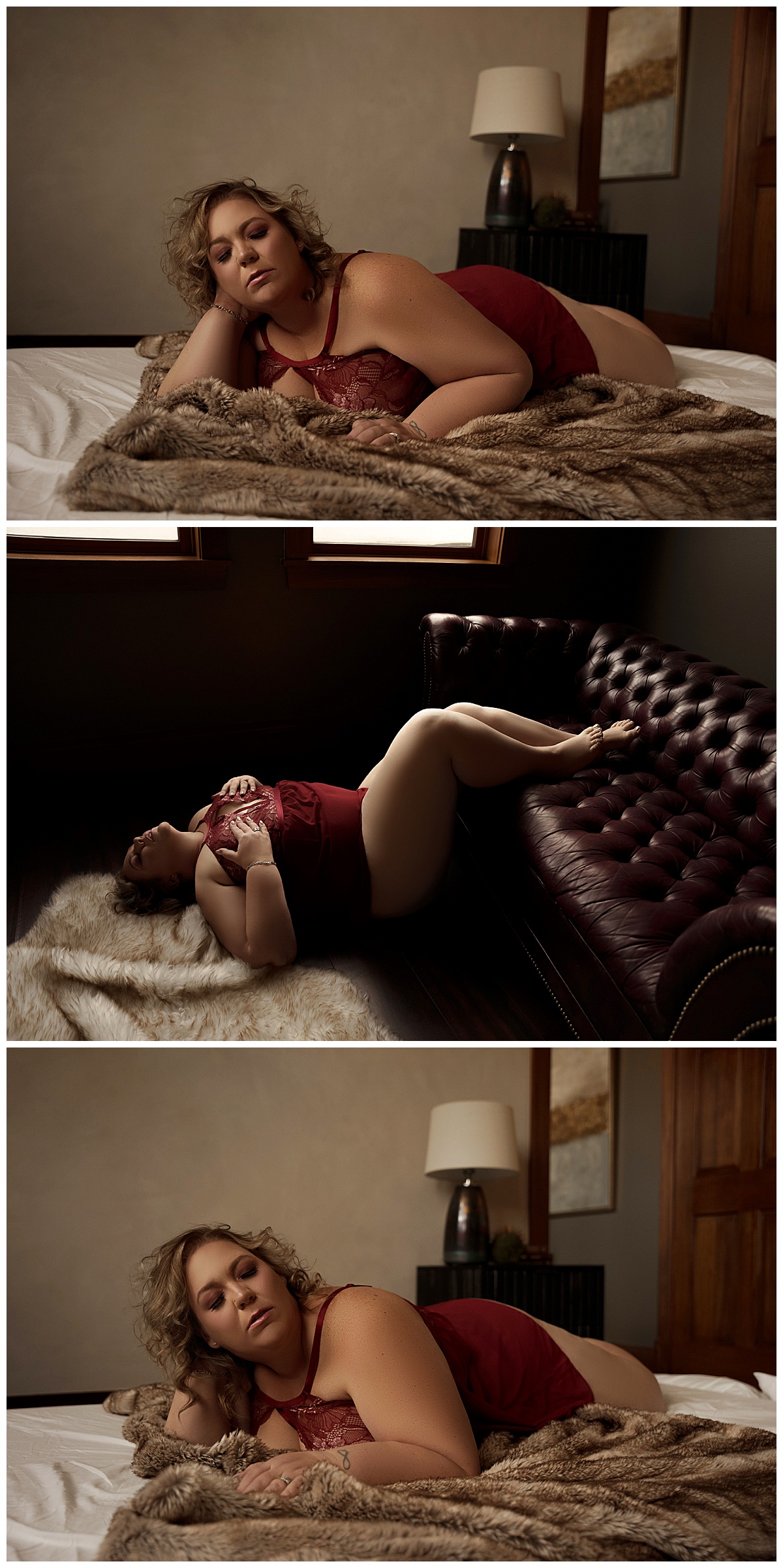 Adult lays on the bed and on the couch wearing red lingerie for Emma Christine Photography