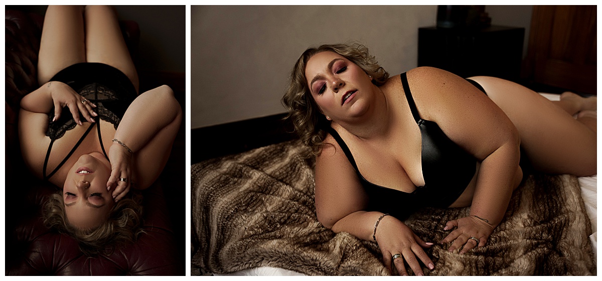 Female lays on the blanket wearing lingerie for Sioux Falls Boudoir Photographer