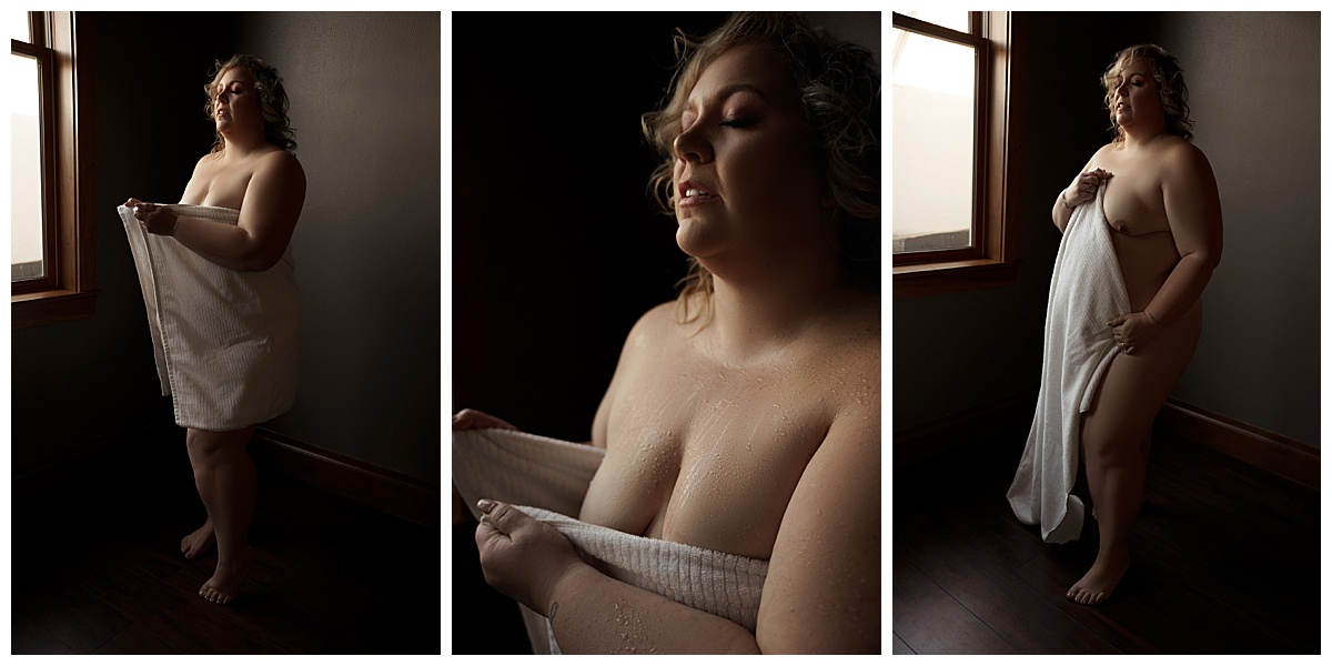 Adult wraps a white sheet around her chest for Sioux Falls Boudoir Photographer