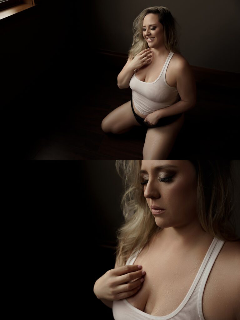 Adult kneels down wearing a white tank for Emma Christine Photography