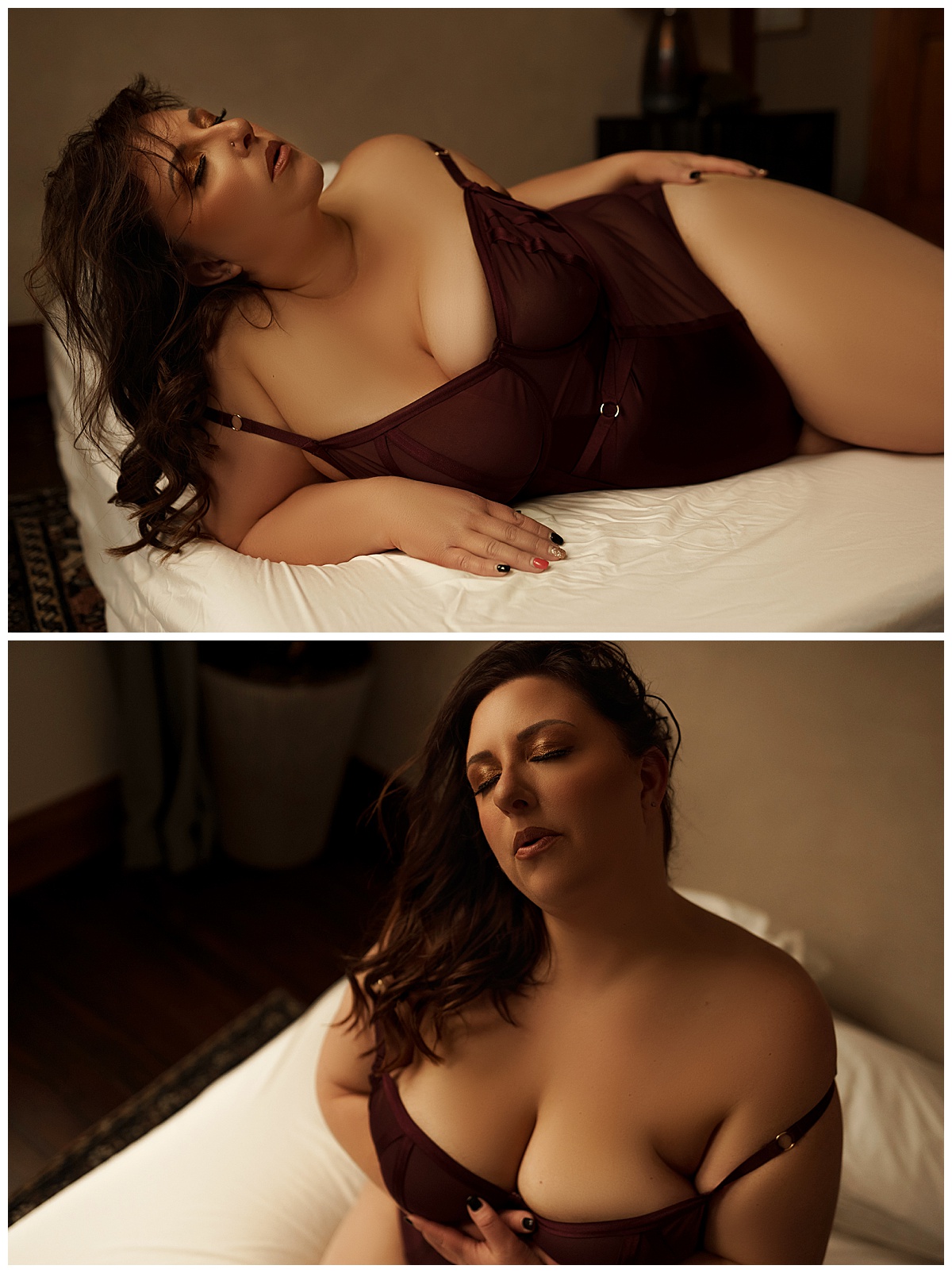 Woman lays on the bed wearing lingerie for Sioux Falls Boudoir Photographer