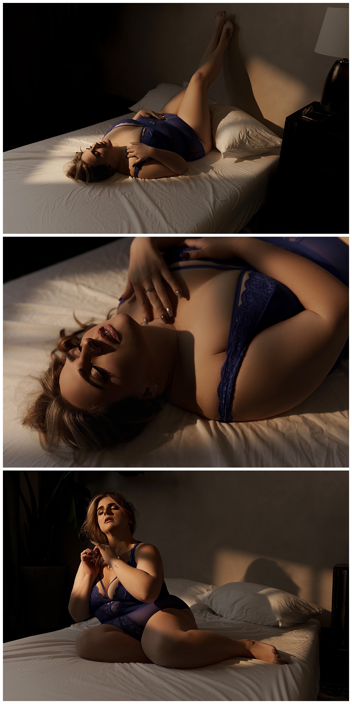 Person lays across the bed wearing colorful lingerie for Sioux Falls Boudoir Photographer